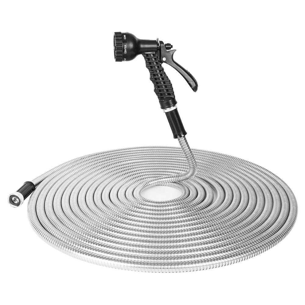 BOSNELL 25FT Lightweight Metal Garden Hose - 304 Stainless Steel Flexible Water Hose with 2 Free Nozzles, Tangle-Free for Lawn, Yard & Outdoor Watering