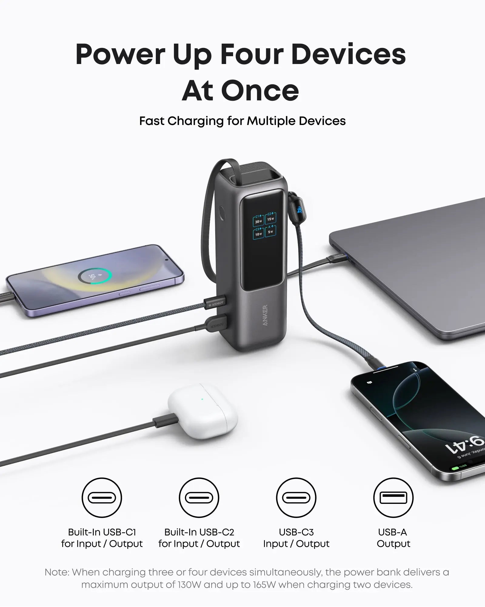 Anker Power Bank 25000mAh 165W Ultra Fast Portable Charger with Built-In Retractable USB C Cable - High Capacity External Battery for Laptops, Phones & Tablets - Perfect for Travel, Camping & Emergency Power Backup