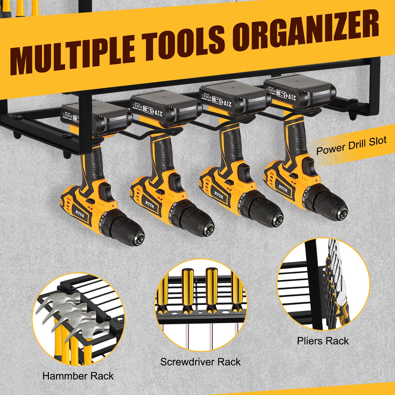 Heavy Duty 3-Layer Wall Mount Power Tool Organizer with 4 Drill Holders - 150Lbs Capacity Tool Storage Rack for Workshop & Garage | Perfect for DIY Projects, Home Improvement & Professional Tool Organization