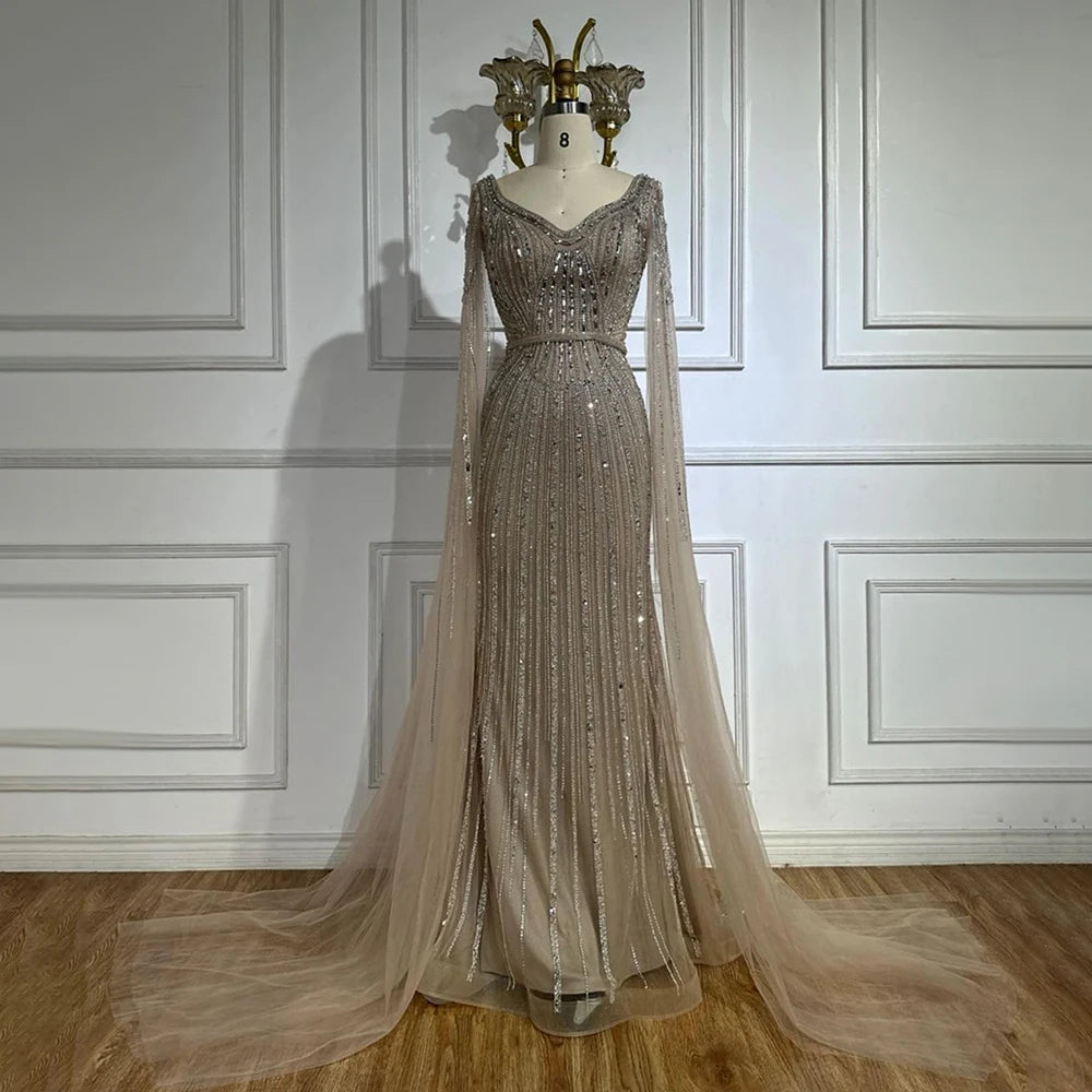 Elegant Dubai Royal Blue Beaded Arabic Evening Gown with Cape Sleeves - Luxury Women's Party Dress for Special Occasions | Perfect for Weddings, Galas & Formal Events 2025 LA72502