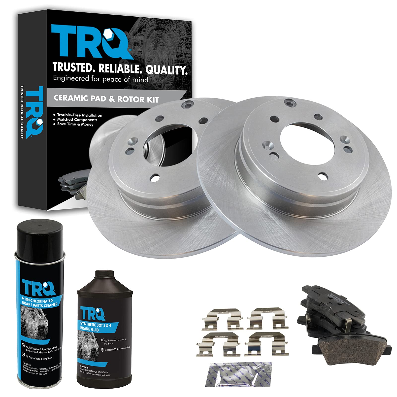 TRQ Rear Brake Pad and Rotor Kit - Ceramic Brake Pads & Rotors Compatible with 2016-2019 Hyundai Sonata & Kia Optima - Includes Brake Chemical Kit for Smooth Braking Performance - Perfect for Daily Commuting and Highway Driving