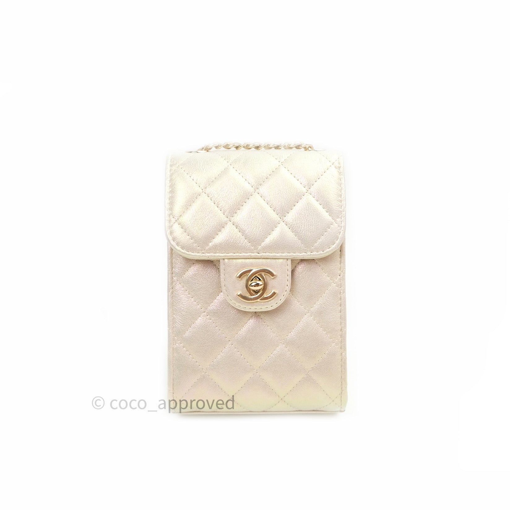 Chanel Classic Ivory Iridescent Gold Hardware Phone Holder - Luxury Designer Phone Case for iPhone & Samsung - Perfect for Parties, Travel & Everyday Use
