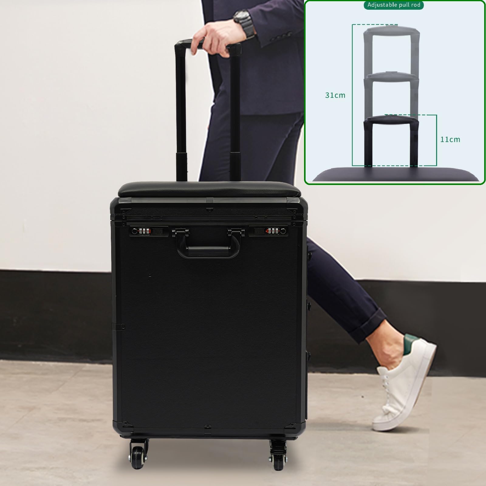 Professional Rolling Makeup Case with Tattoo Armrest Stand - 4 Universal Wheels & Combination Lock - Portable Cosmetic Organizer for Makeup Artists (Metal Panel) | Ideal for Salon, Tattoo Studio & Mobile Beauty Services