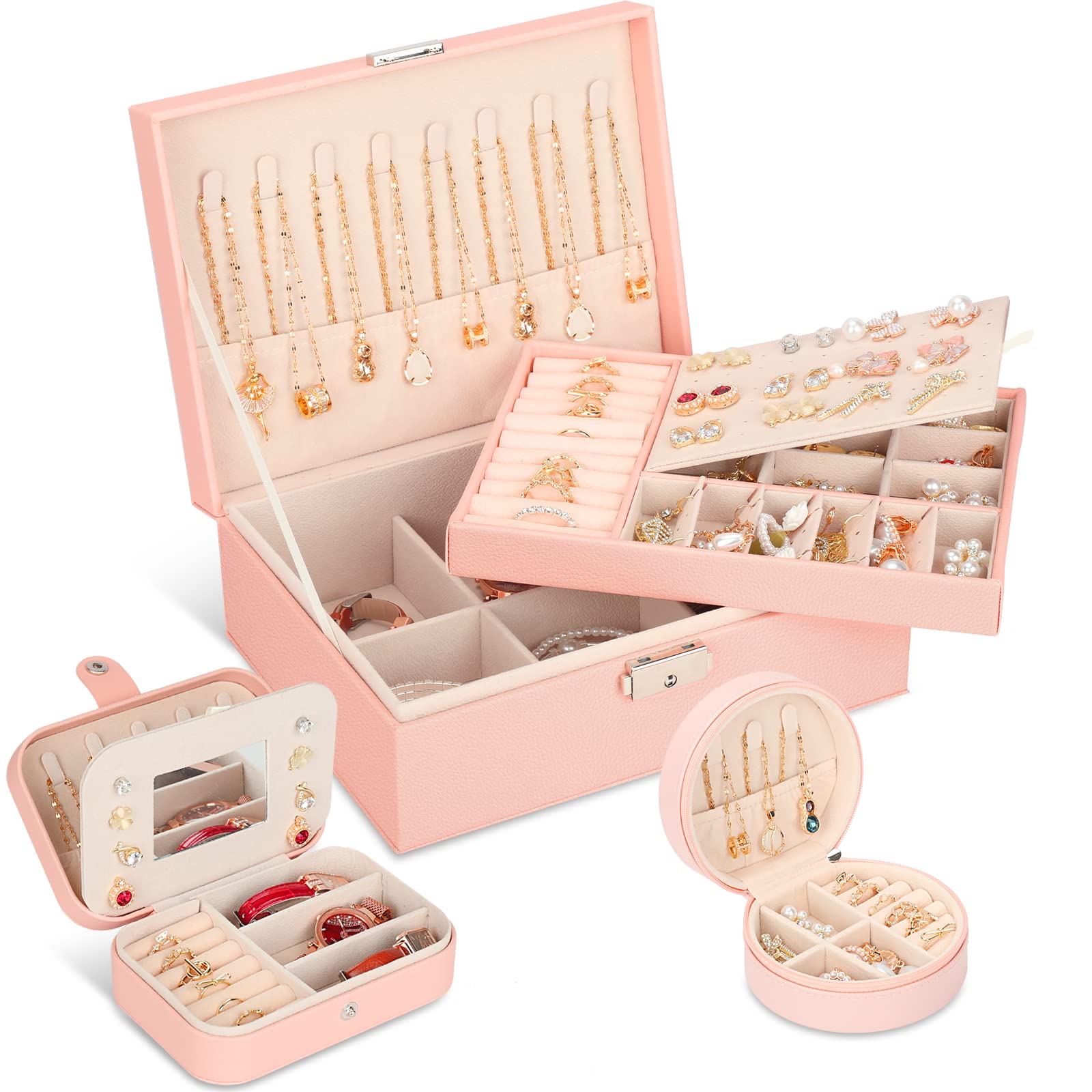 3-Pack Jewelry Organizer Box for Women - Double Layer Travel Jewelry Case with Mirror, Small Jewelry Storage Box - Perfect Gift for Girlfriend, Wife, Bridesmaids (Great for Travel, Home Storage & Gift Giving)