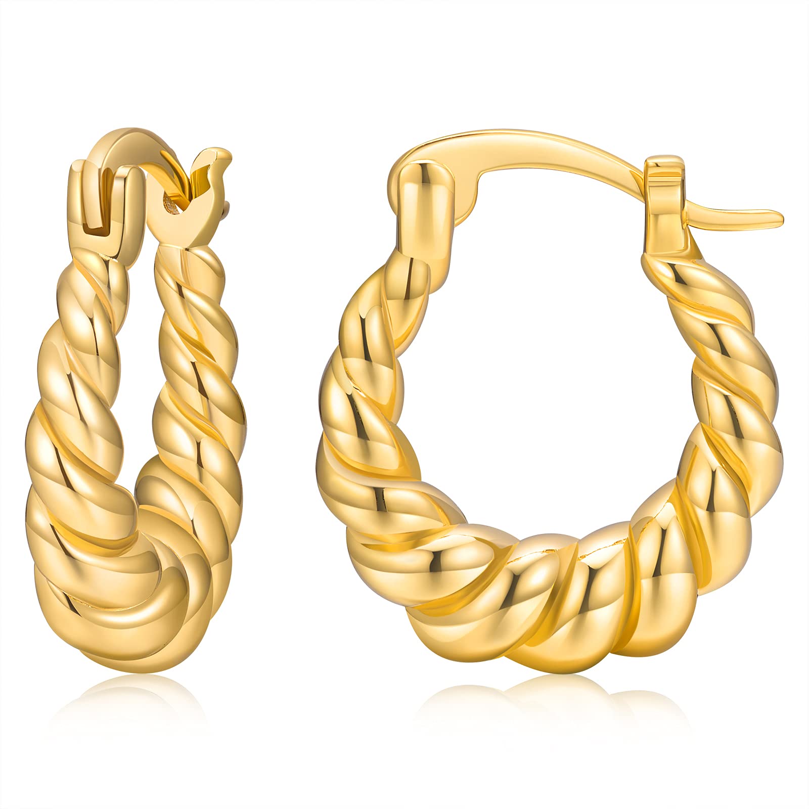 14K Gold Plated Croissant Earrings for Women - Chunky Hoop Earrings with CZ Stones, 925 Sterling Silver Post Huggie Earrings - Perfect Mother's Day Gift, Birthday Present & Everyday Fashion Jewelry