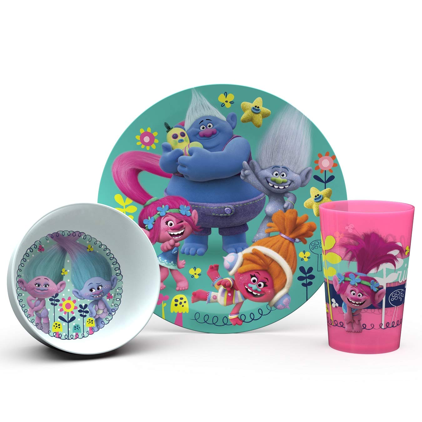 Zak Designs Trolls Movie Kids Dinnerware Set - 3-Piece Melamine Plastic Plates (9 oz) - Durable & Fun Tableware for Birthday Parties, Picnics, and Everyday Meals