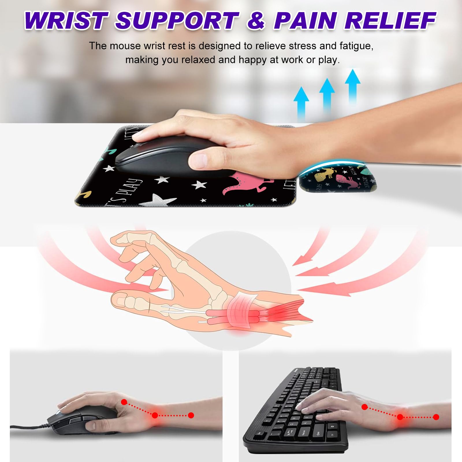 Non-Slip Dinosaur Mouse Pad Set with Wrist Support - Keyboard Pad & Small Mouse Mat for Laptop, Wireless Mouse, Home Office & Travel Use - Cute Dinosaur Design for Comfortable Computer Workstation