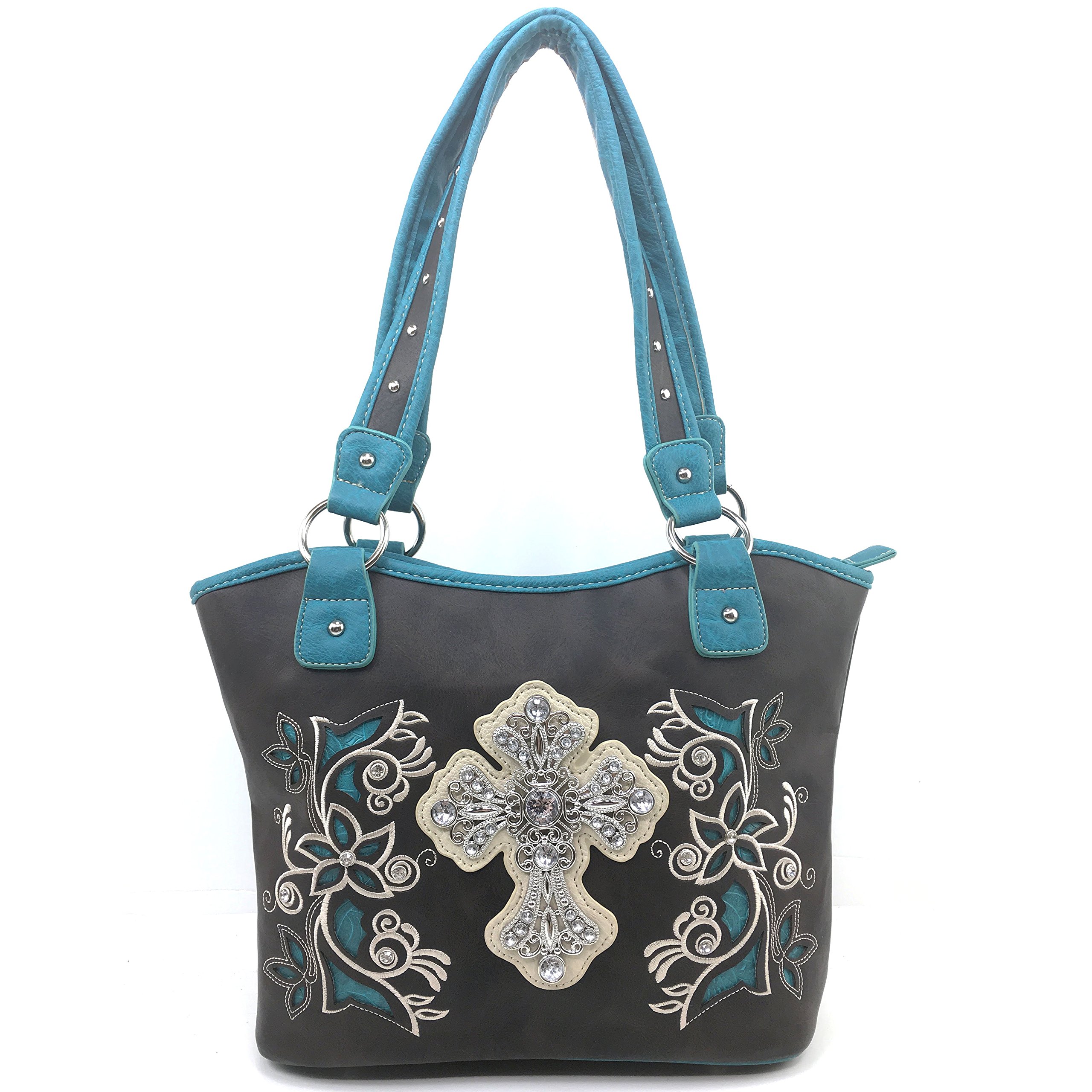 Justin West Floral Embroidery Silver Cross Concealed Carry Handbag - Fashionable Women's Crossbody Purse with Hidden Wallet Compartment for Everyday Use, Church, and Special Occasions
