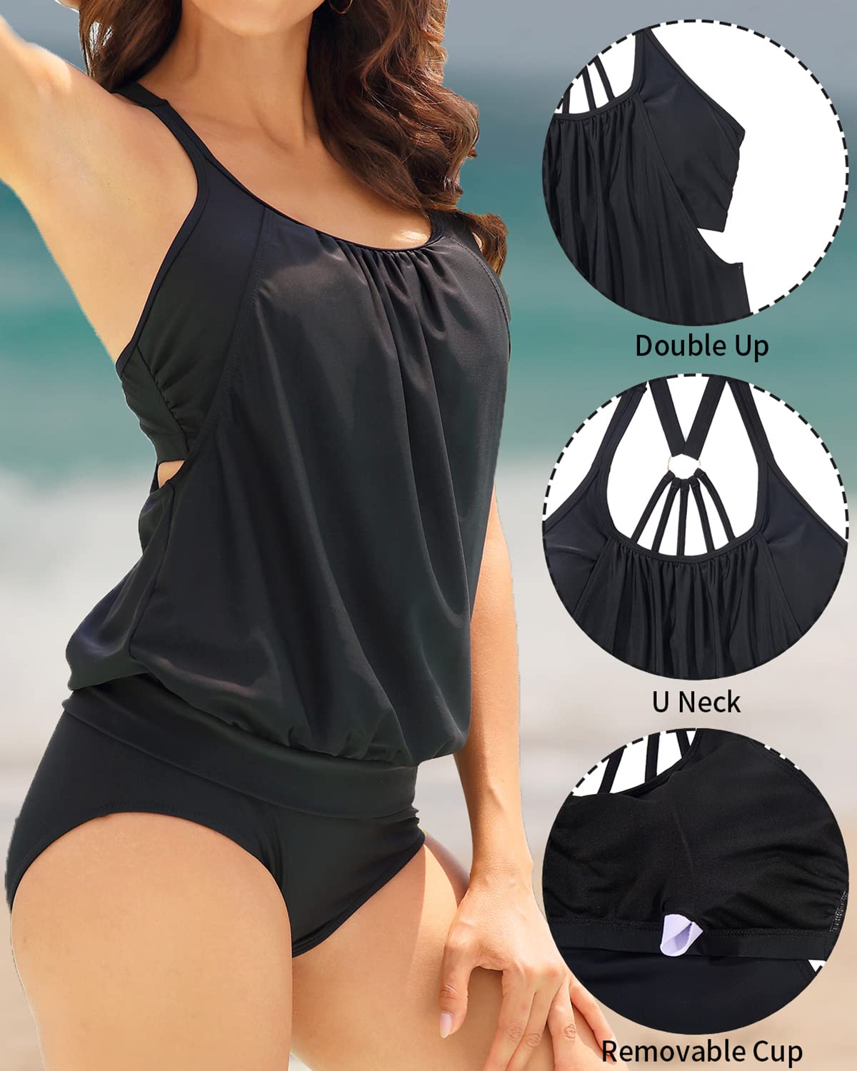 Yonique Women's Two Piece Tankini Swimsuit - Racerback Swim Top & Tummy Control Bottom | High Waisted Bathing Suits for Beach, Pool & Vacation | Plus Size Swimwear for Women