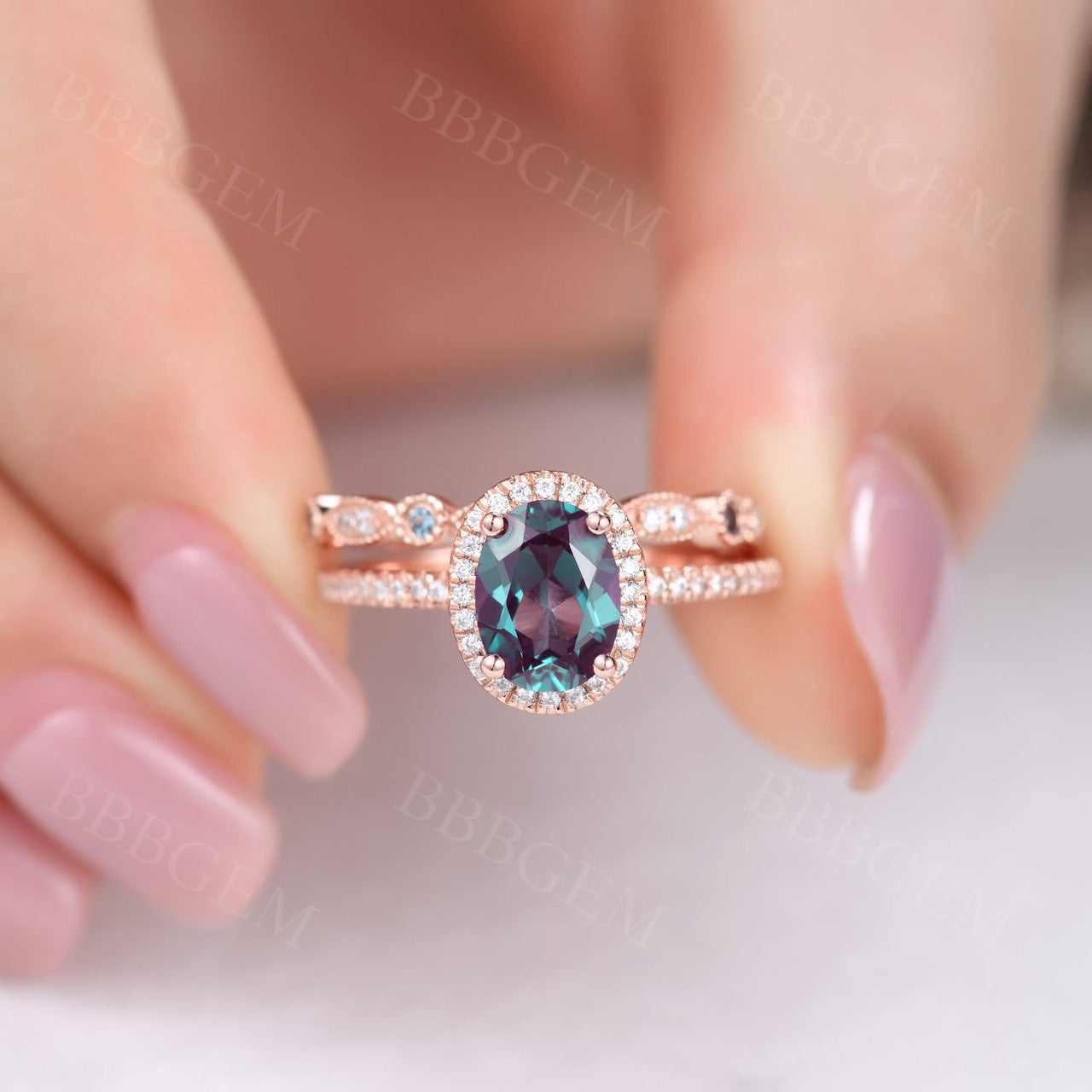 Alexandrite Diamond Ring in Rose Gold - Half Eternity Wedding Band with 6x8mm Oval Cut Gemstone | Perfect for Engagement, Anniversary & Special Occasions