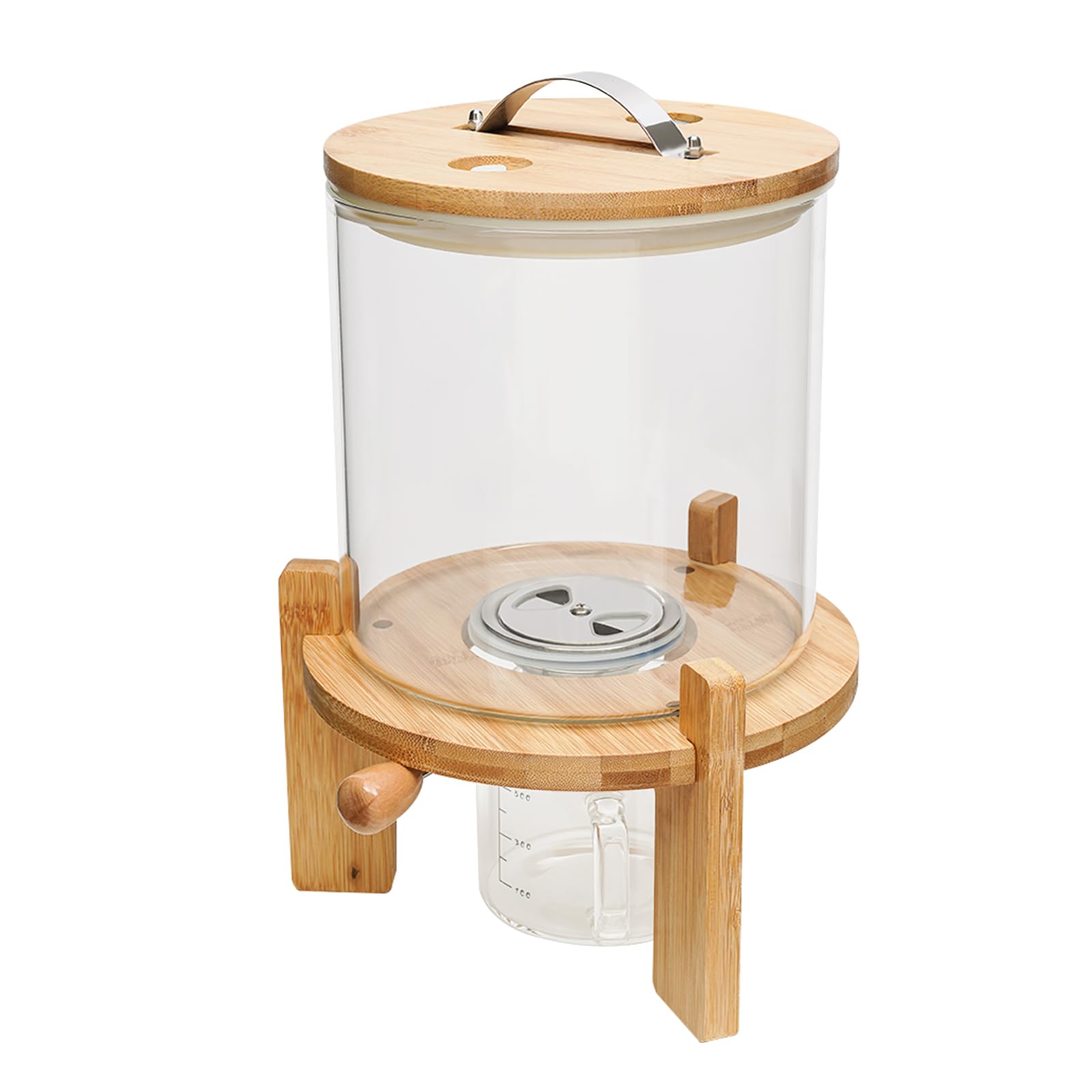 DYNAMI 5L Glass Rice Dispenser with Airtight Lid - Glass Cereal Storage Container with Bamboo Stand, Measuring Cup & Thermometer - Perfect for Kitchen Organization, Pantry Storage & Countertop Display