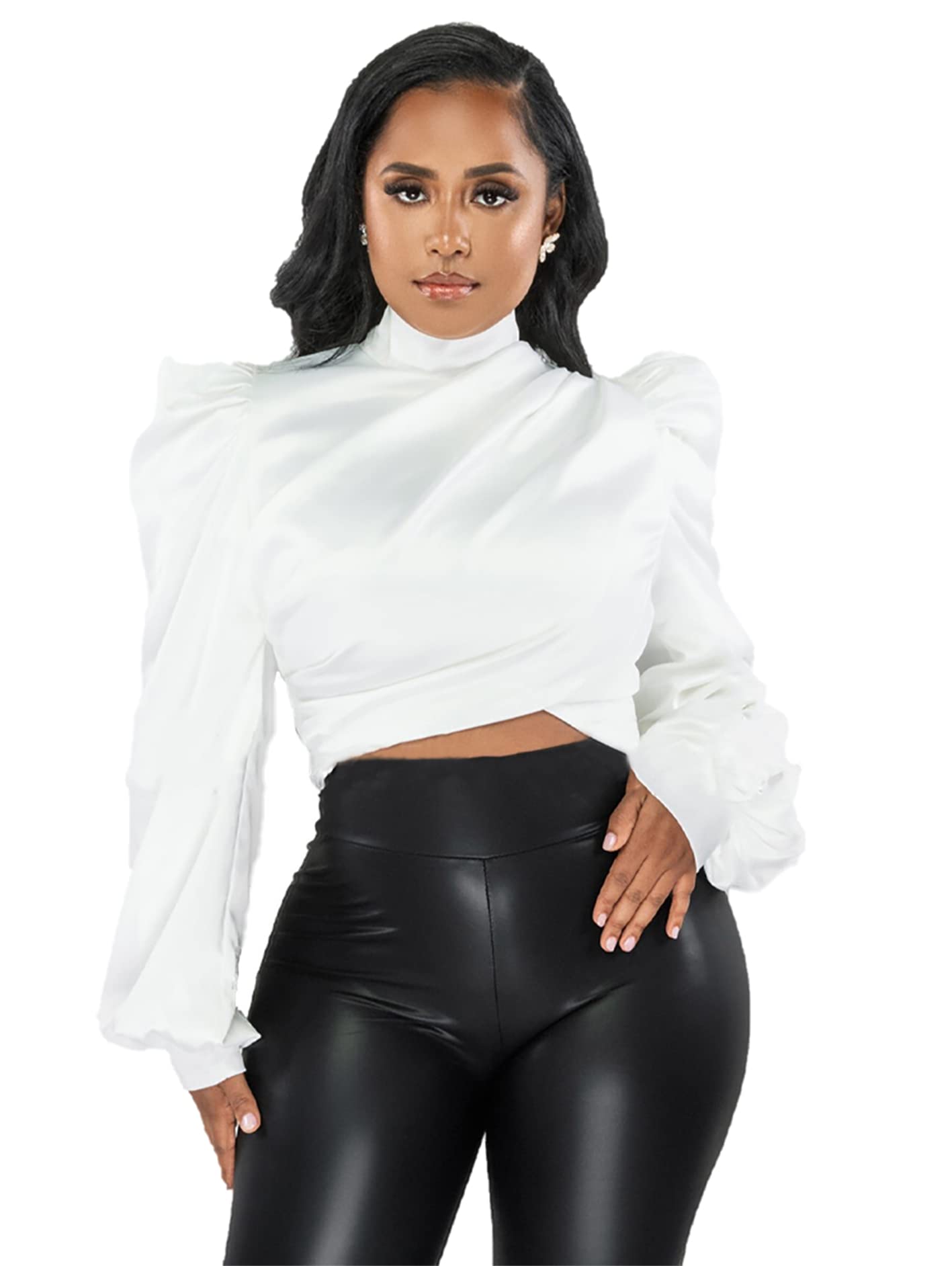 Elegant White Satin Blouse for Women - Puffy Long Sleeve Mock Neck Silk Shirt - Perfect for Office Work, Business Meetings & Formal Occasions