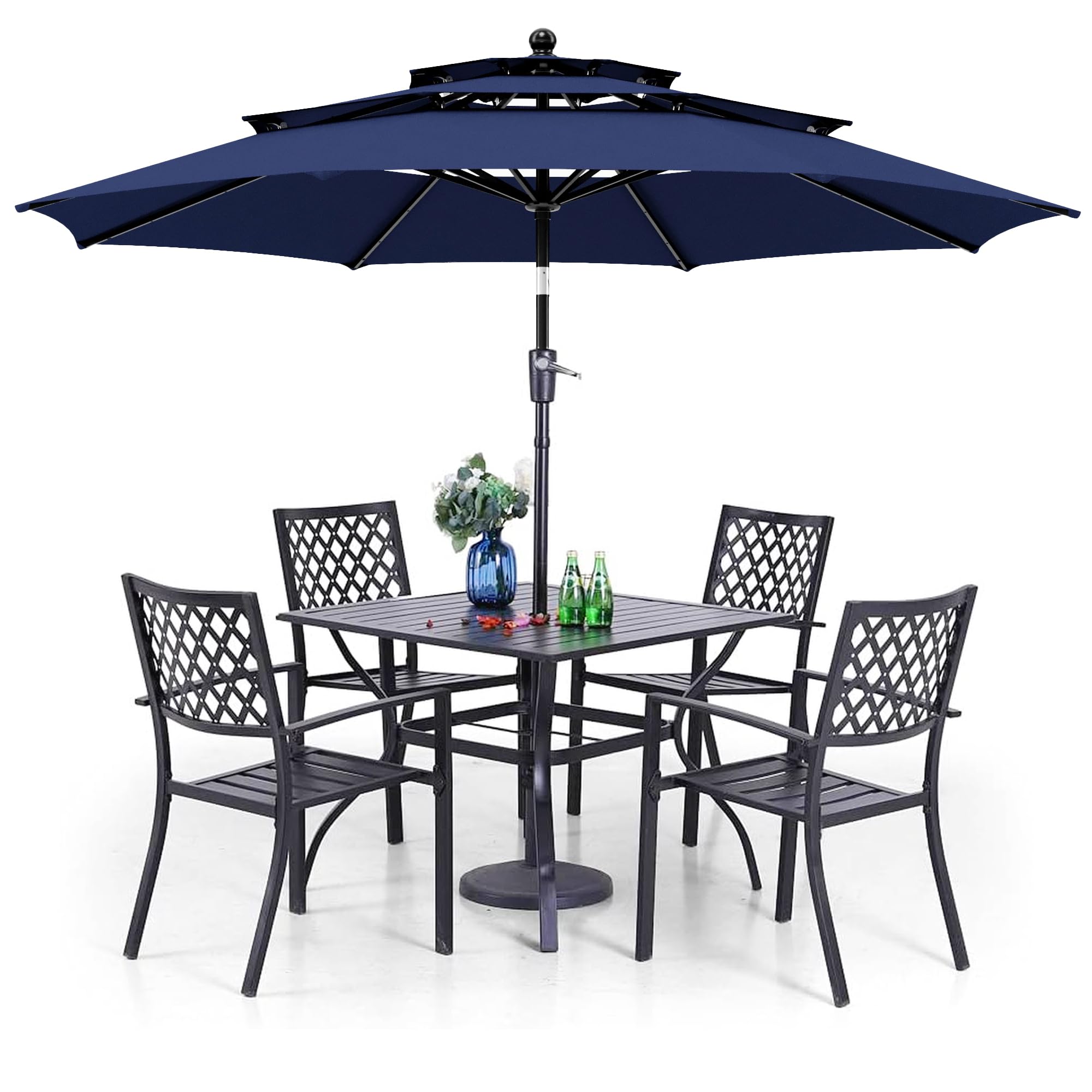 PHI VILLA 6-Piece Outdoor Dining Set with 4 Stackable Metal Chairs, 1 Square Table & 10ft 3-Tier Umbrella (Navy Blue) - Patio Furniture for Backyard, Deck, Garden, Poolside & Outdoor Entertaining