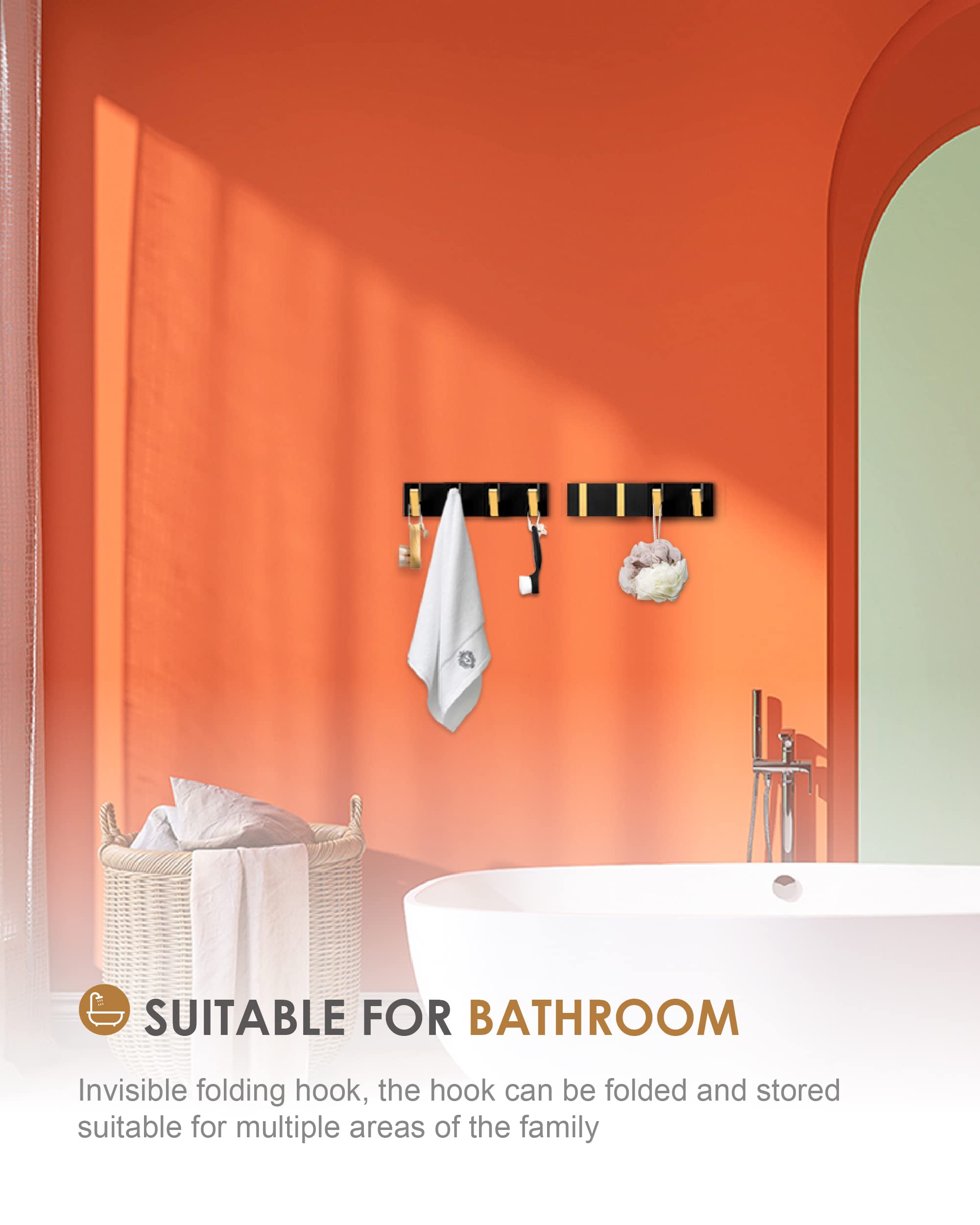2 Pack Waterproof Black Gold Retractable Wall Hooks - Space Saving Bathroom Towel Hooks, Matte Finish Minimalist Design for Doors, Robes & Coats - Perfect for Kitchen, Balcony & Small Spaces