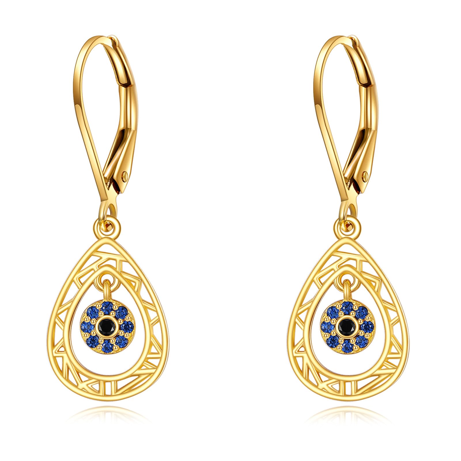 14K Real Gold Evil Eye Leverback Earrings for Women - Teardrop Dangle Drop Jewelry Gifts for Birthday, Anniversary & Special Occasions | Protection & Style Accessory