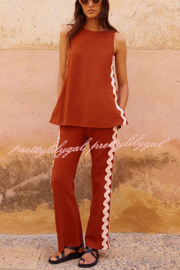 Tash Linen Blend Ric Rac Wave Trim Tank Top & Elastic Waist Pocket Flare Pants Set | Women's Casual Summer Outfit for Beach, Vacation & Boho Style