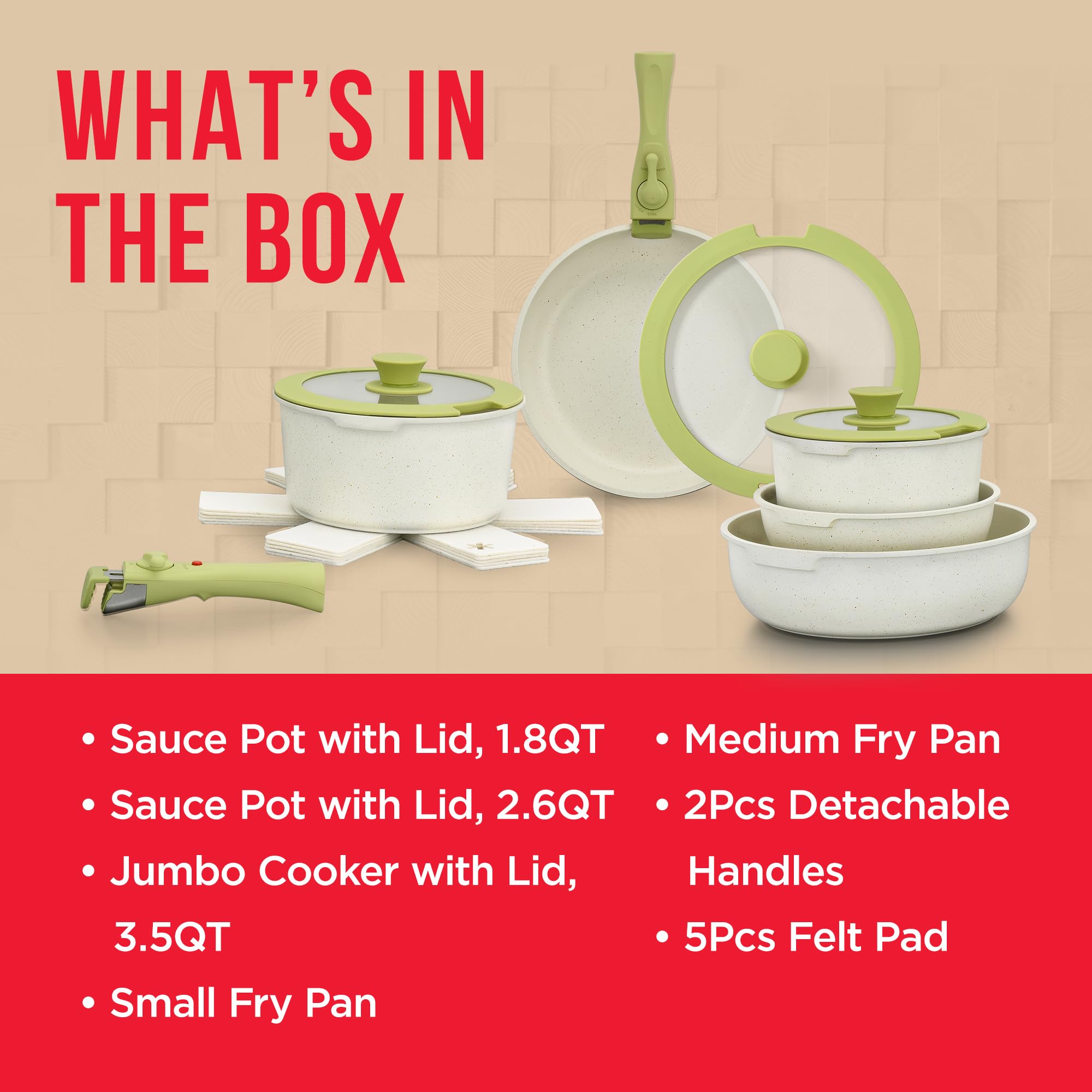15-Piece Non-Stick Cookware Set with Detachable Handles - Granite Coated Stackable Pots & Pans, Dishwasher & Oven Safe, Induction Compatible for All Stovetops - Green/Cream Kitchen Essentials for Cooking, Baking & Meal Prep