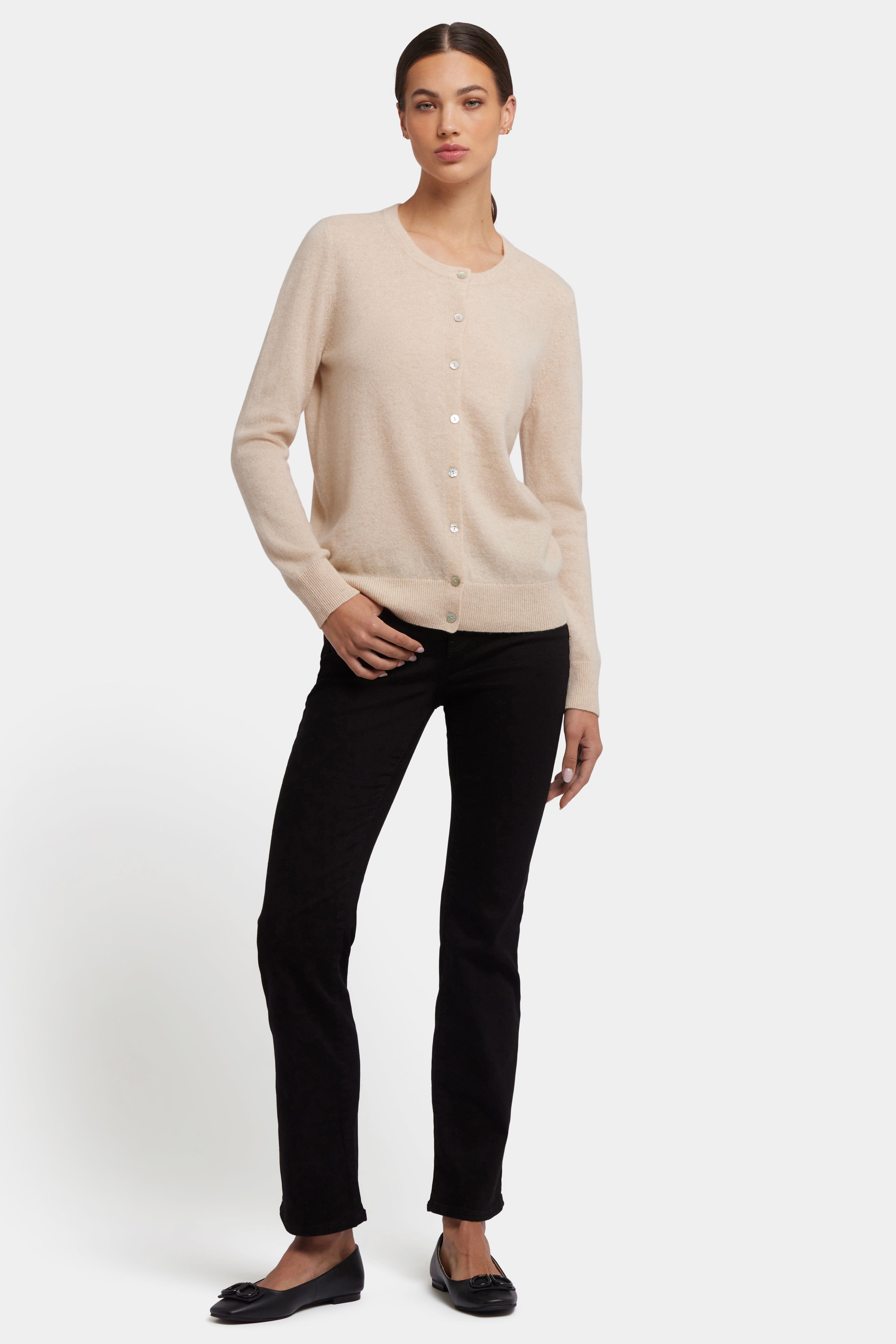 Luxury Cashmere Crewneck Cardigan for Women - Soft Heather Cream Sweater | Cozy Winter Wear & Office Outfit Essential