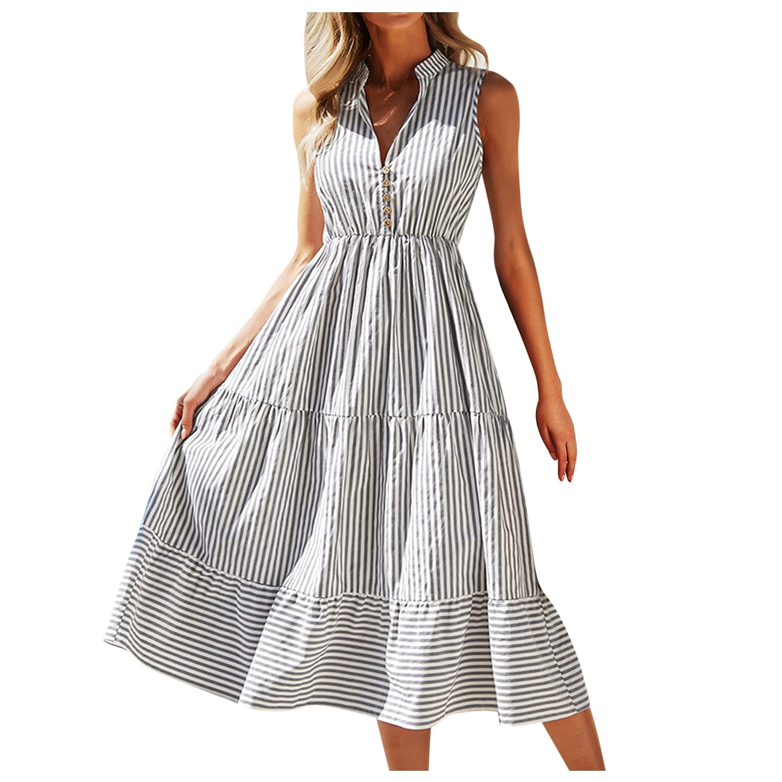 Women's Summer Bohemian Swing Midi Sun Dress - Sleeveless Striped V-Neck Flowy Boho Dress for Beach, Vacation & Casual Wear