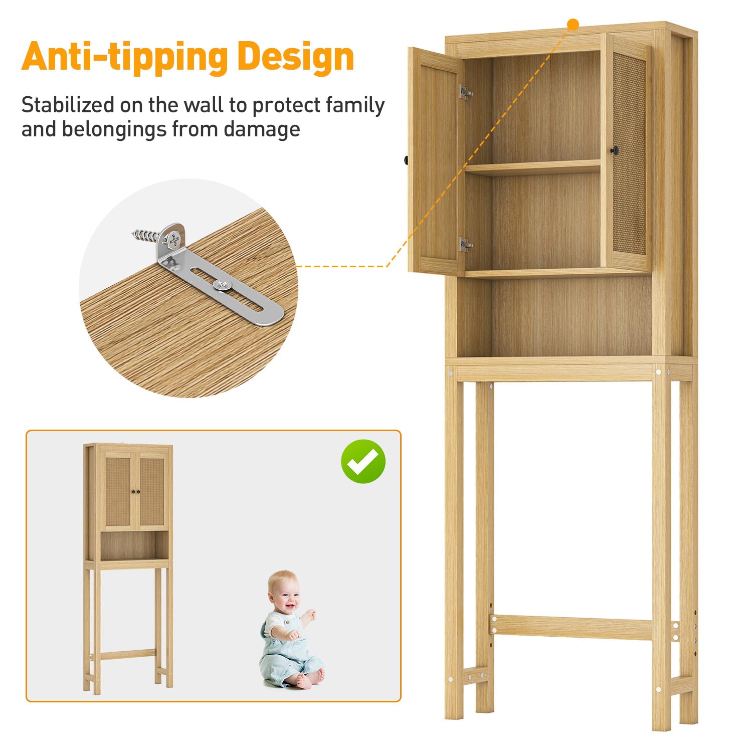 Rattan Over The Toilet Storage Cabinet - Adjustable Shelf Bathroom Organizer | Space Saving Behind Toilet Cabinet for Bathroom, Laundry & Restroom | Natural Wood Rack for Toilet Paper, Towels & Bath Essentials