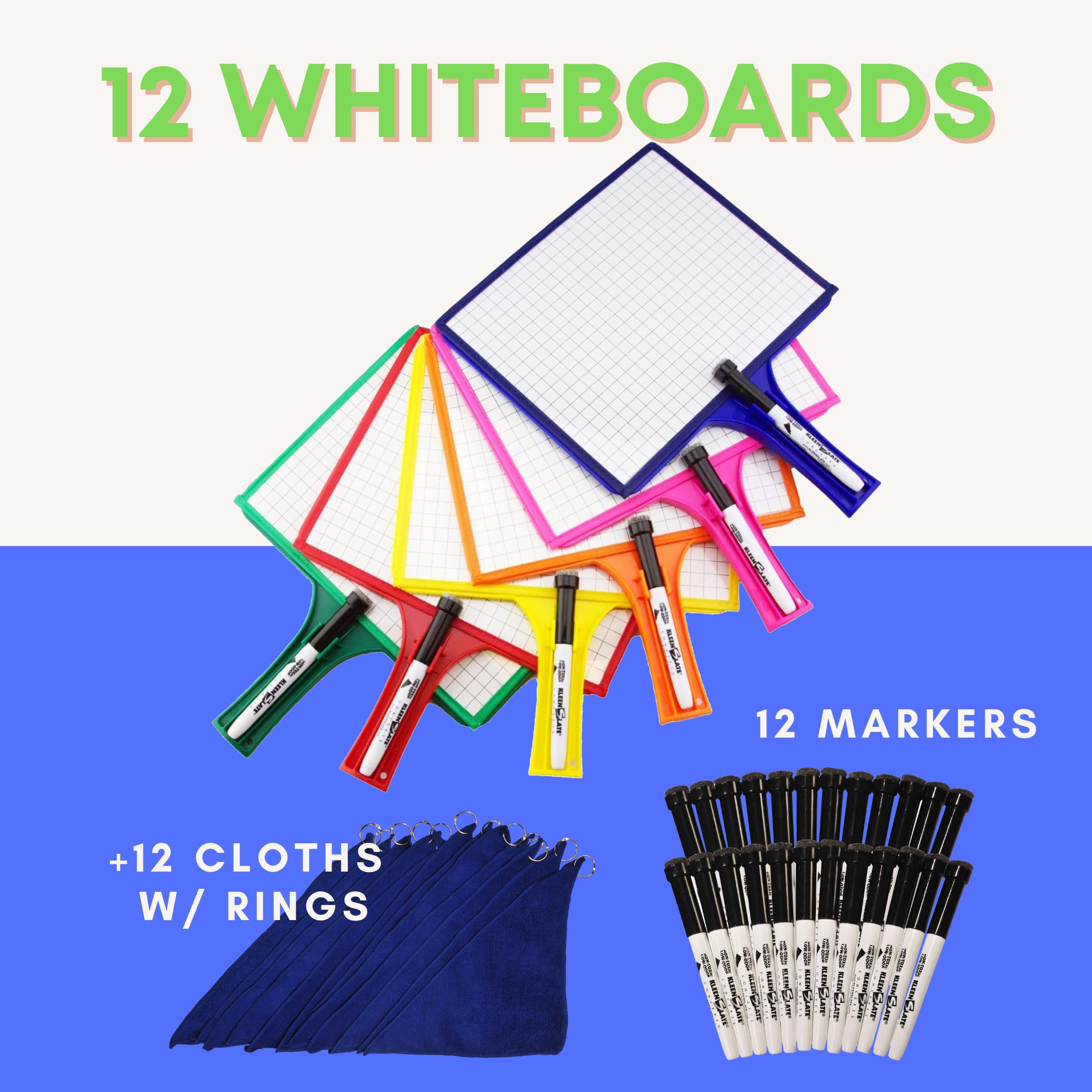 12-Pack KleenSlate Double-Sided Custom Whiteboard with Clear Dry Erase Sleeve - Interchangeable Templates & Graphic Organizers - Includes 12 Microfiber Cloths, Bookbinder Rings & Markers - Perfect for Classrooms, Offices & Home Learning