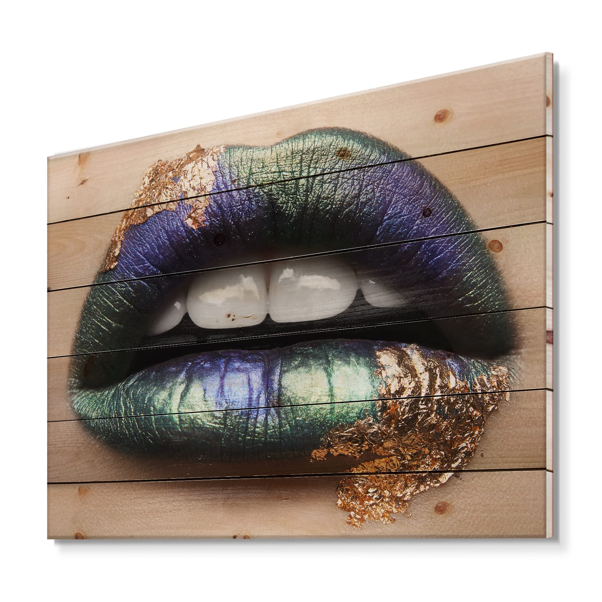 DesignQ Modern Green Lipstick & Teeth Wood Wall Art - Contemporary Female Lips Wall Decor, Large Pine Wood Panel Print - Perfect for Living Room, Bedroom & Office Decor