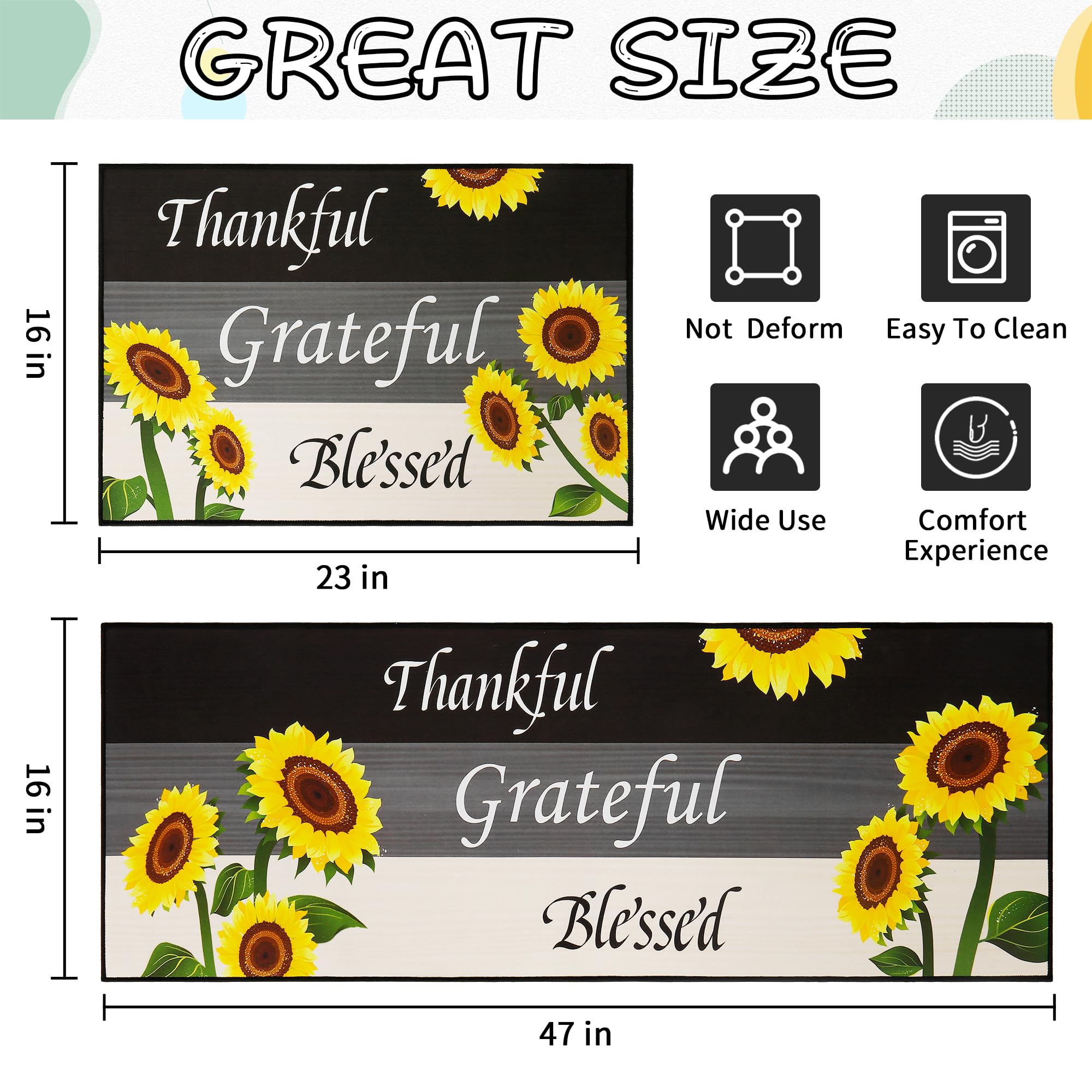 2 Pcs Washable Non-Slip Sunflower Kitchen Rugs Set - Cushioned Floor Mats for Home, Sink, Bathroom, Standing Comfort - Perfect for Kitchen Runner, Laundry Room, and Entryway Decor