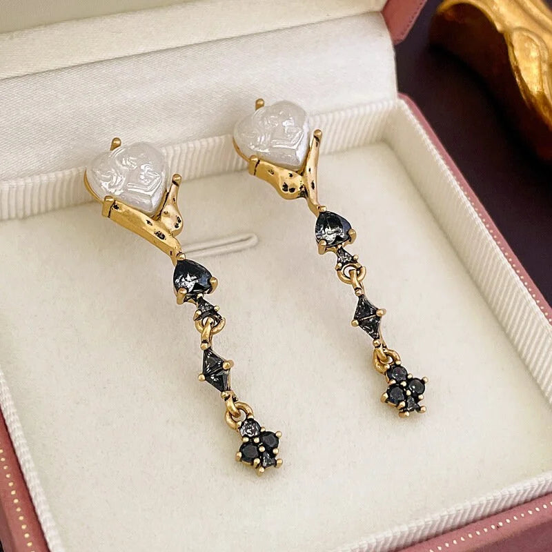Luxury Black Heart Pearl Drop Earrings for Women - 925 Sterling Silver Dangle Earrings | Perfect for Weddings, Parties & Special Occasions | HE13351