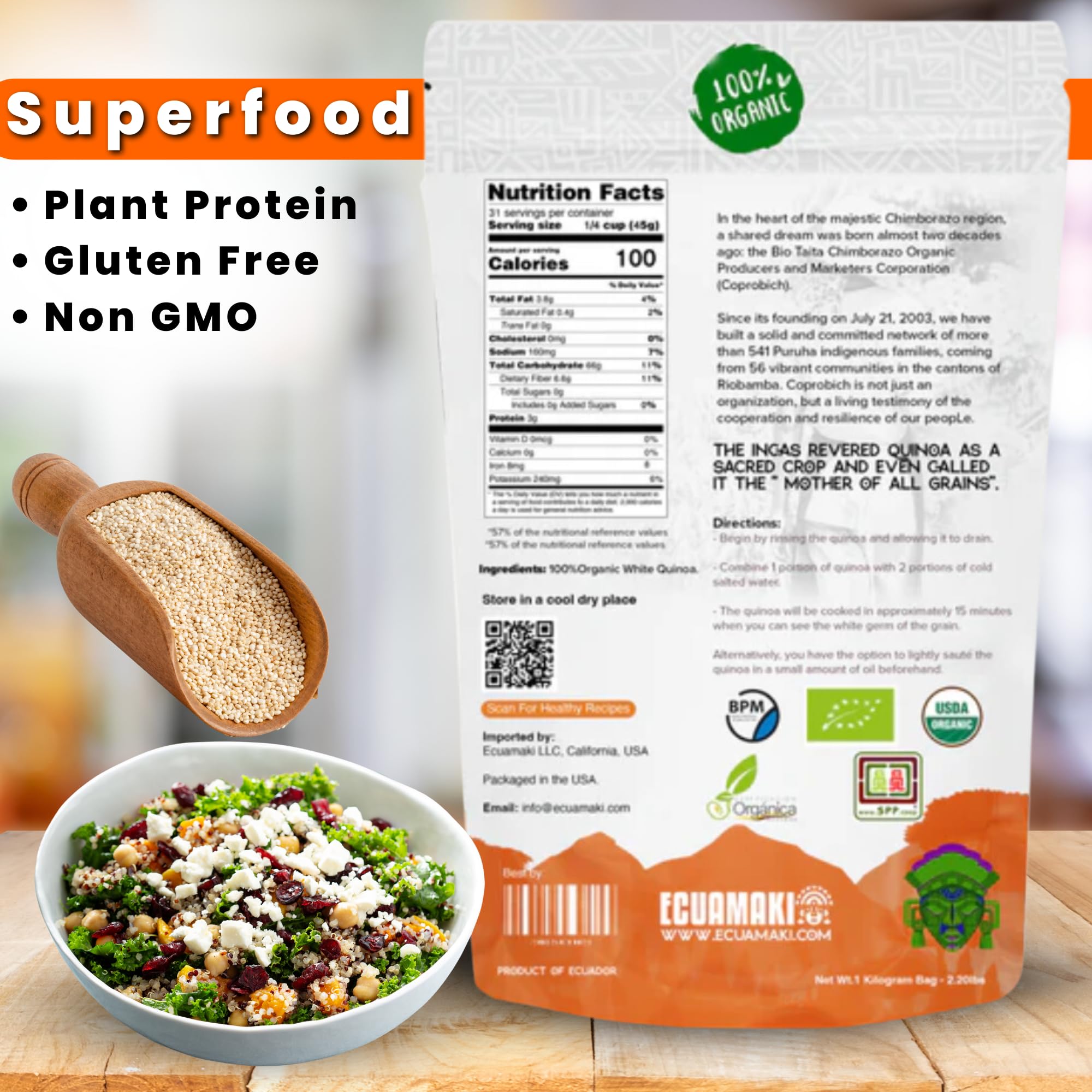 Organic White Quinoa - 1.1 Lbs (500g) | Gluten-Free, Non-GMO, Vegan Superfood | High Protein Whole Grain for Salads, Bowls & Healthy Meals | Perfect for Keto, Paleo & Plant-Based Diets