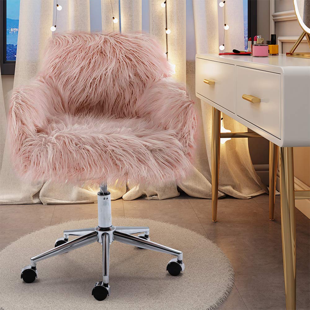 Elegant Pink Faux Fur Vanity Chair with Wheels - Modern Comfy Makeup Desk Chair for Girls & Women - Perfect for Bedroom, Living Room & Dressing Room Decor