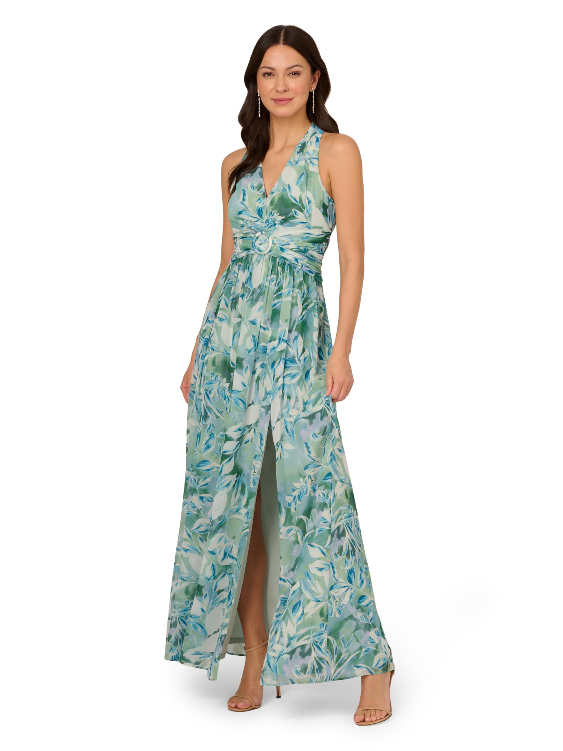Adrianna Papell Women's Elegant Chiffon Leaf Print Long Maxi Dress for Weddings, Parties & Special Occasions