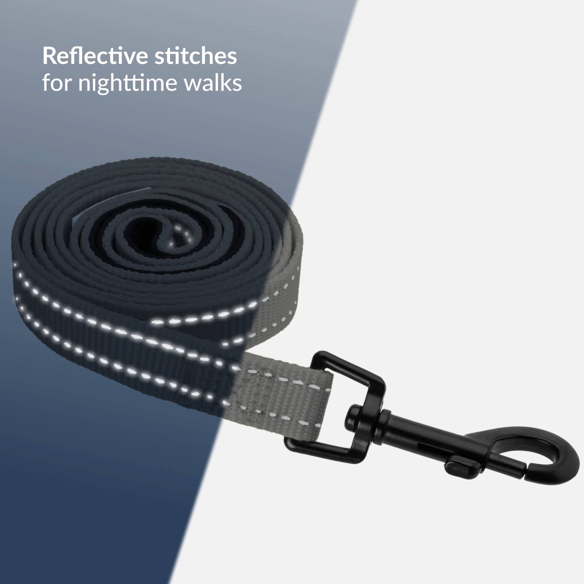 CollarDirect 5ft Heavy Duty Reflective Nylon Dog Leash for Large Medium Small Dogs - Durable Pet Walking Running Training Lead for Outdoor Daily Use (Grey, Small) - Perfect for Park Hikes Jogging & Nighttime Safety