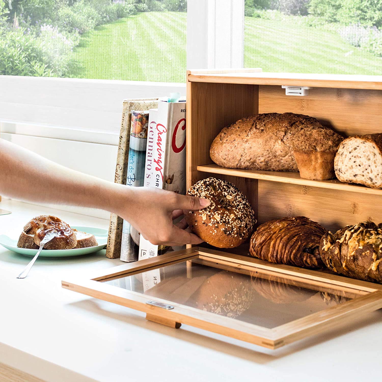 Grehge 2-Layer Bamboo Bread Box - Large Capacity Bread Storage Container for Kitchen Countertop | Perfect for Storing Bread, Buns, and Pastries to Keep Fresh
