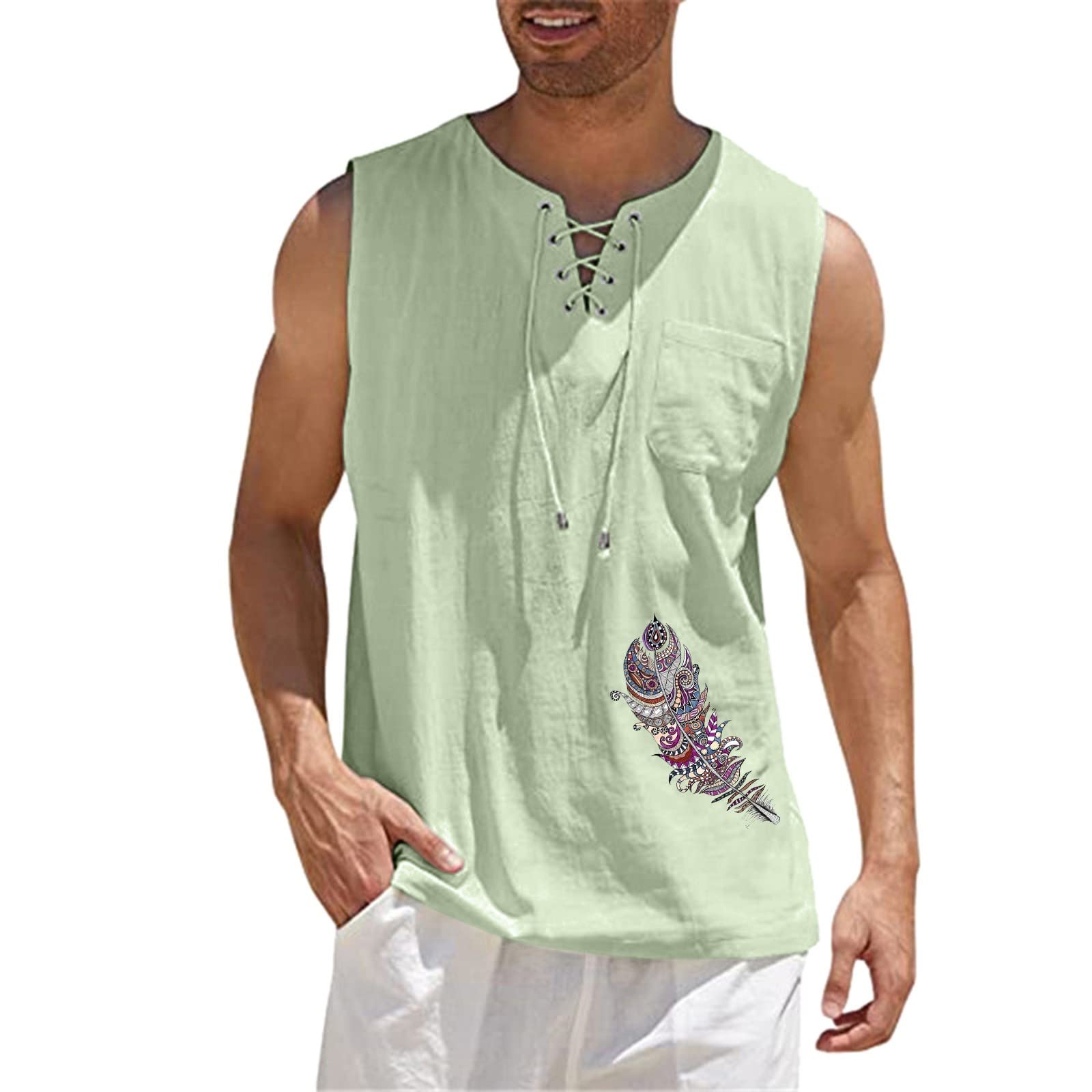 XXBR Men's Cotton Linen Sleeveless Shirt - Summer V Neck Hippie Vest with Drawstring & Feather Design - Loose Fit Casual Tank Top for Beach, Music Festivals & Boho Style Outfits