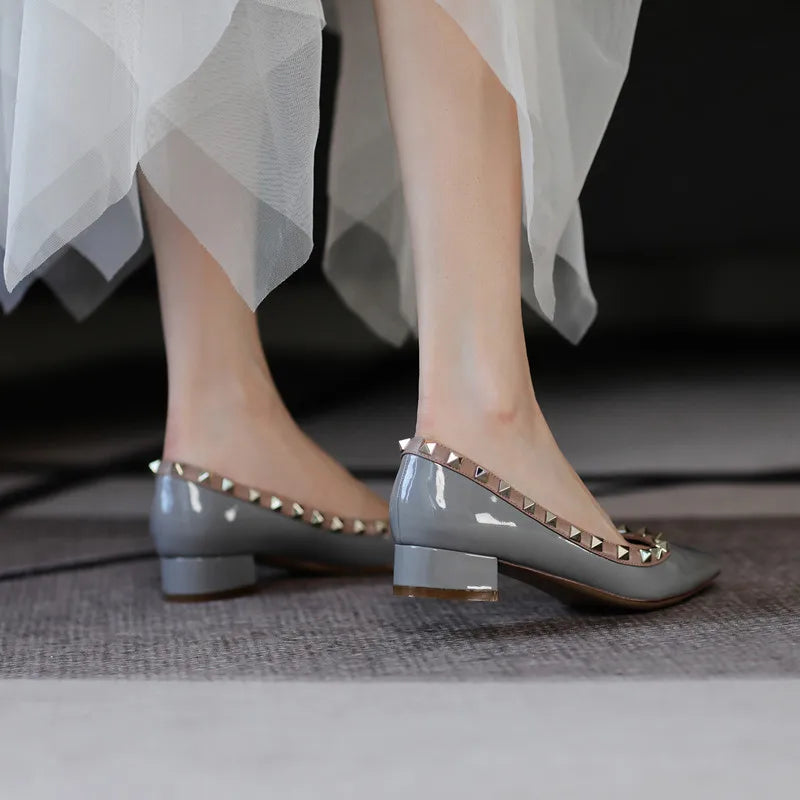 Luxury Leather Rivet High Heels for Women - Designer Pointed Toe Square Heel Pumps | Perfect for Evening Parties, Weddings & Office Wear