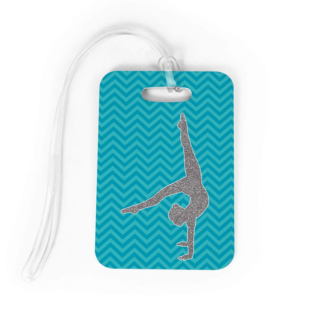 Custom Gymnastics Luggage Tag - Faux Glitter Chevron Design with Personalization | Medium Teal Sports Bag Tag for Gymnasts, Cheerleaders & Travelers | Perfect for Gym Bags, Suitcases & Backpacks