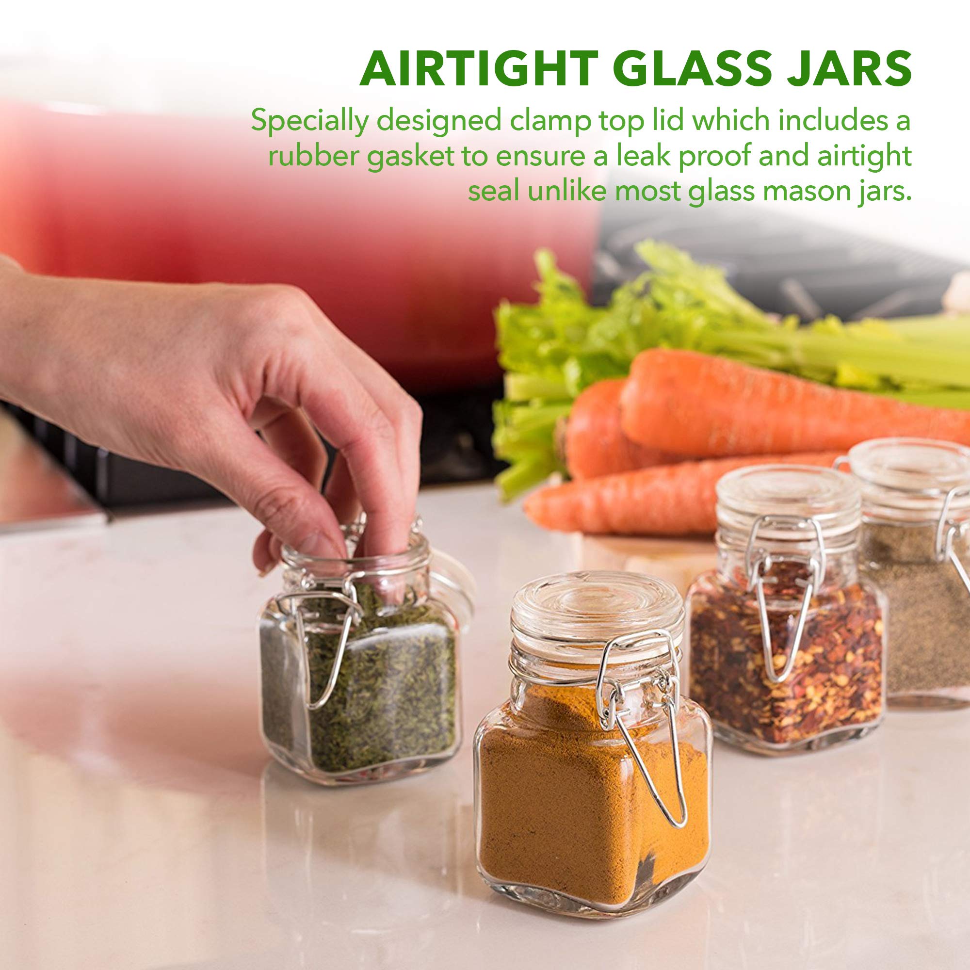 3 oz Small Square Glass Jars with Airtight Lids - 12 Pack Empty Spice Containers with Chalkboard Labels & Marker, Leakproof Rubber Gasket & Hinged Lid - Perfect for Kitchen Pantry Organization, Herb Storage, DIY Spice Blends and Home Canning Supplies