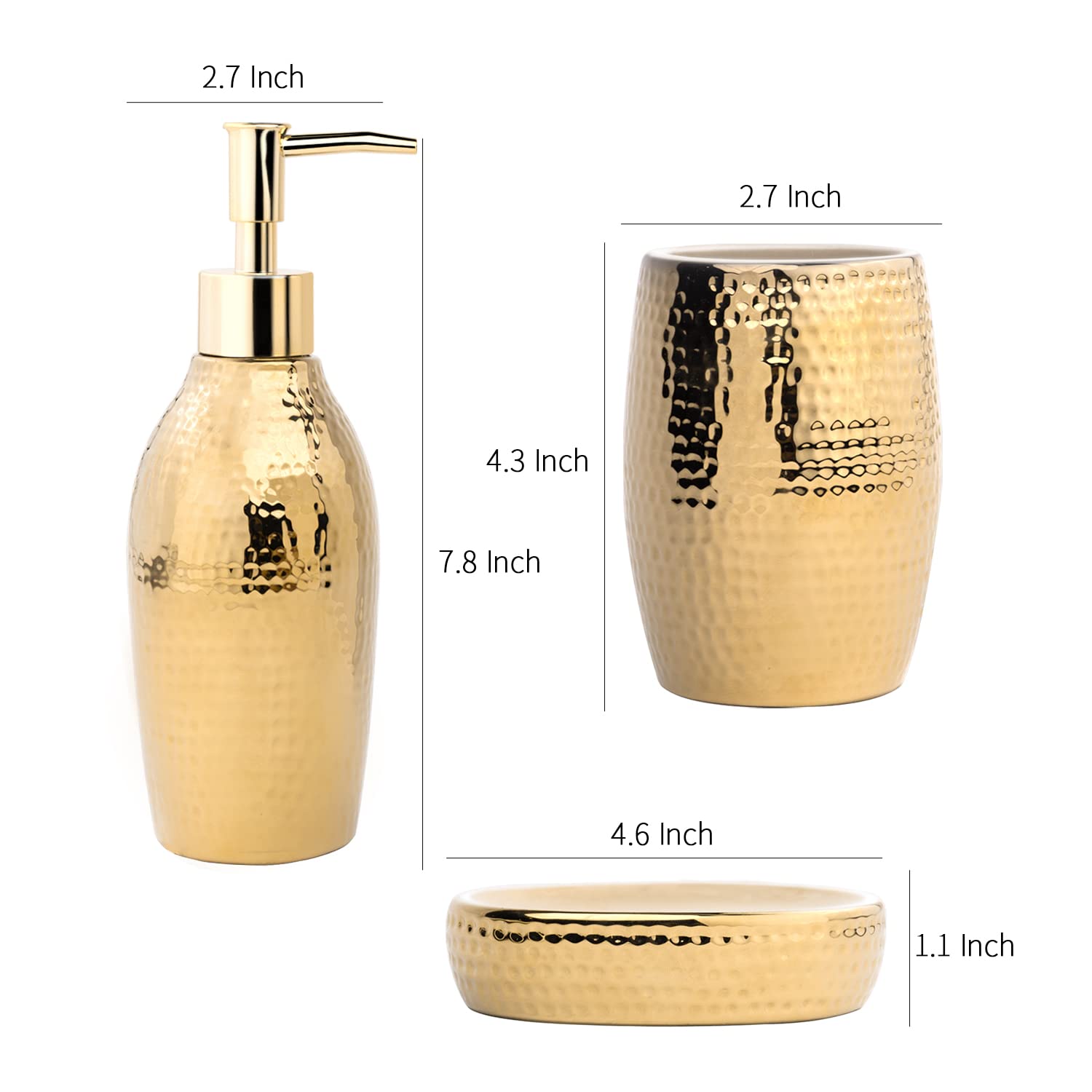 Luxury Gold Ceramic Bathroom Accessory Set - 3 Piece Decorative Soap Dispenser, Toothbrush Holder & Soap Dish for Modern Home Decor | Elegant Housewarming Gift for Bathroom, Vanity & Guest Room Organization