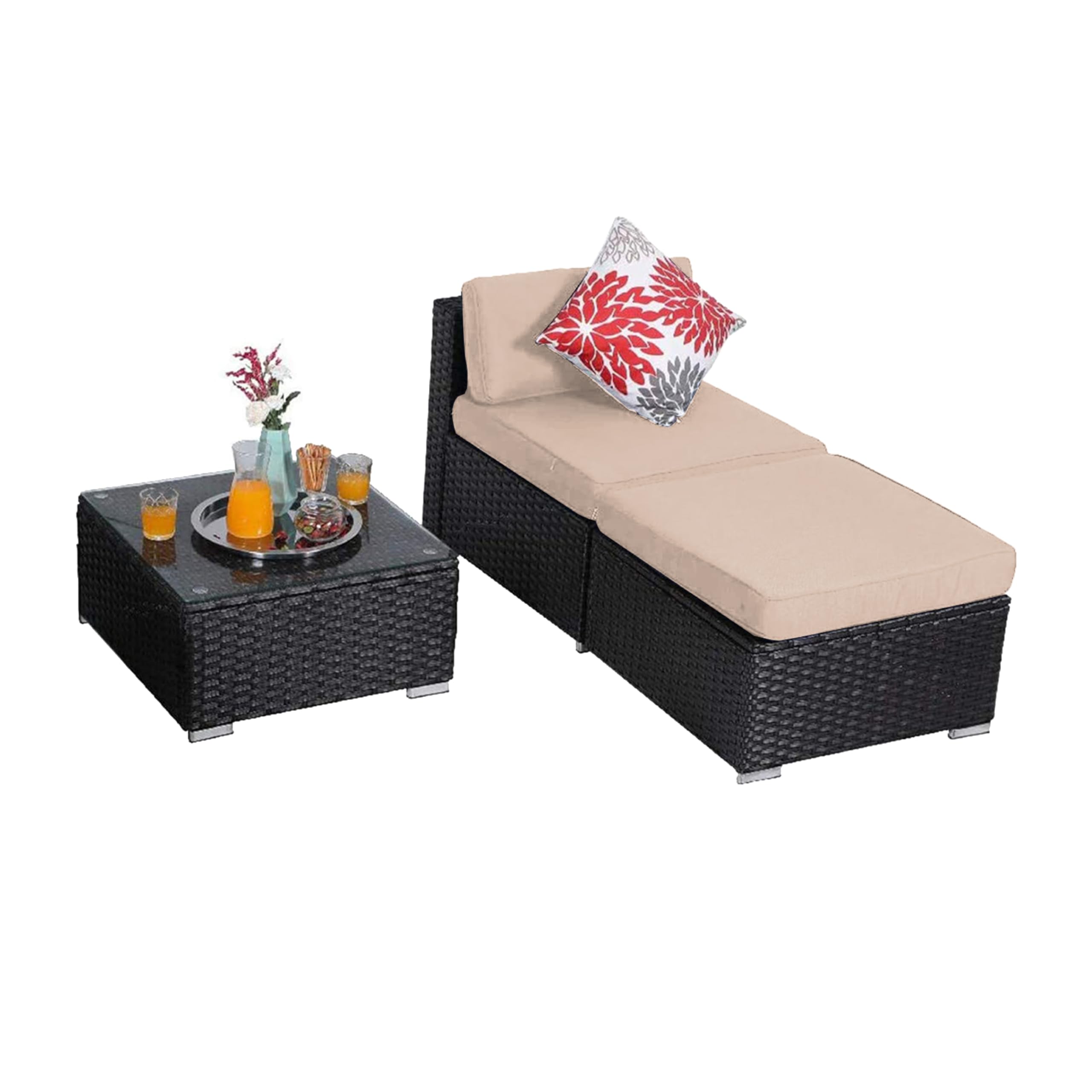 PHI VILLA 3-Piece Outdoor Sectional Sofa Set - Low-Back Rattan Wicker Patio Furniture with Additional Seat, Beige - Perfect for Backyard, Poolside & Garden Relaxation