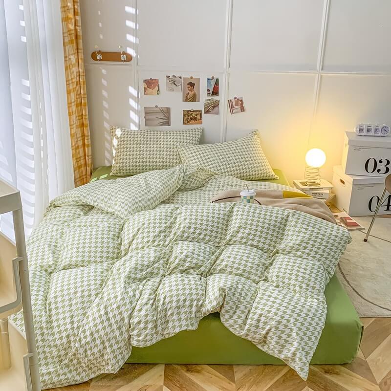 Stylish Dogtooth Check Korean Bedding Set 2.0 - Queen Size Luxury Bed Sheet Set for Modern Bedroom Decor | Perfect for Cozy Nights & Guest Room Styling