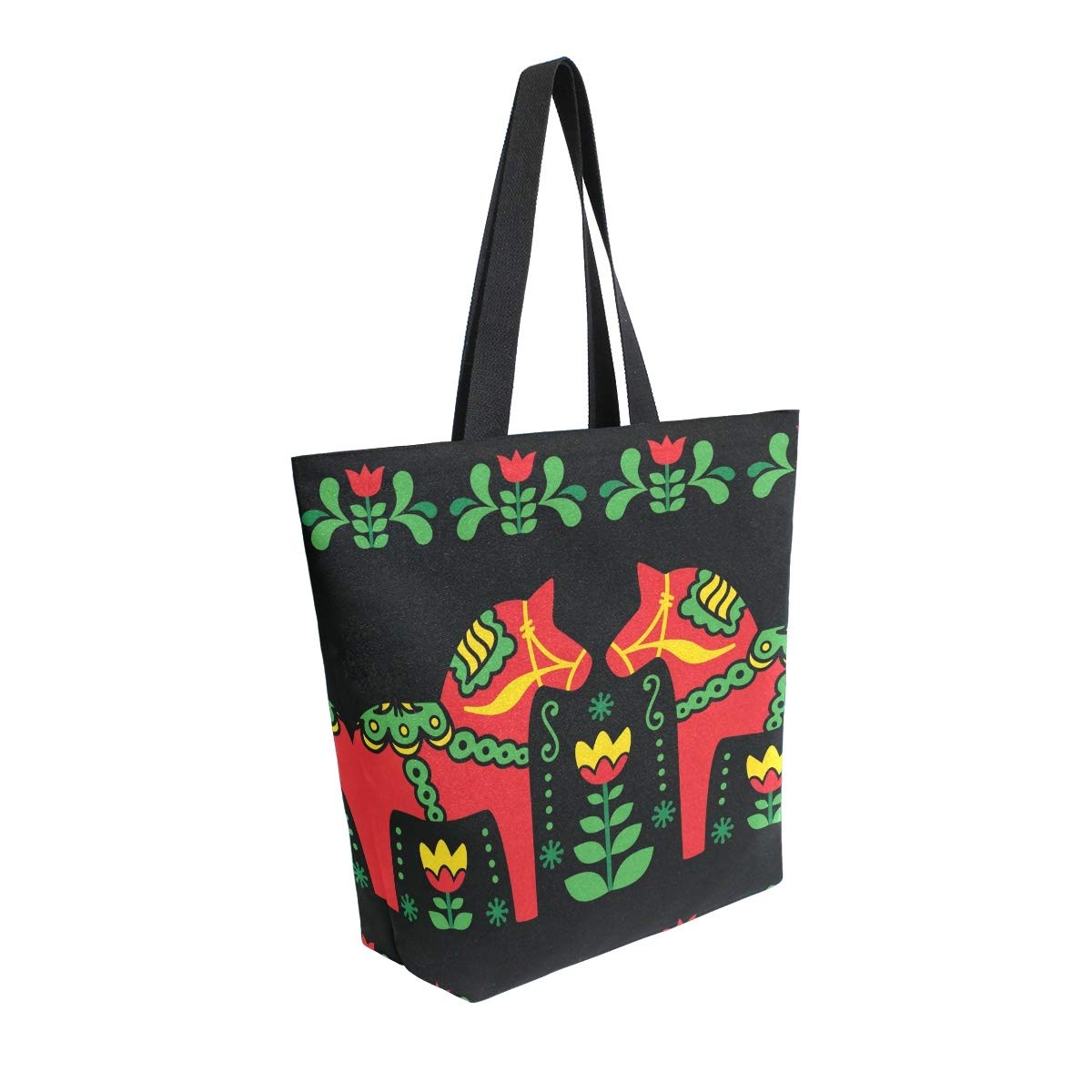Swedish Dala Canvas Tote Bag - Eco-Friendly Reusable Shopping & Grocery Tote with Shoulder Strap - Perfect for Travel, Beach, Farmers Market & Daily Errands