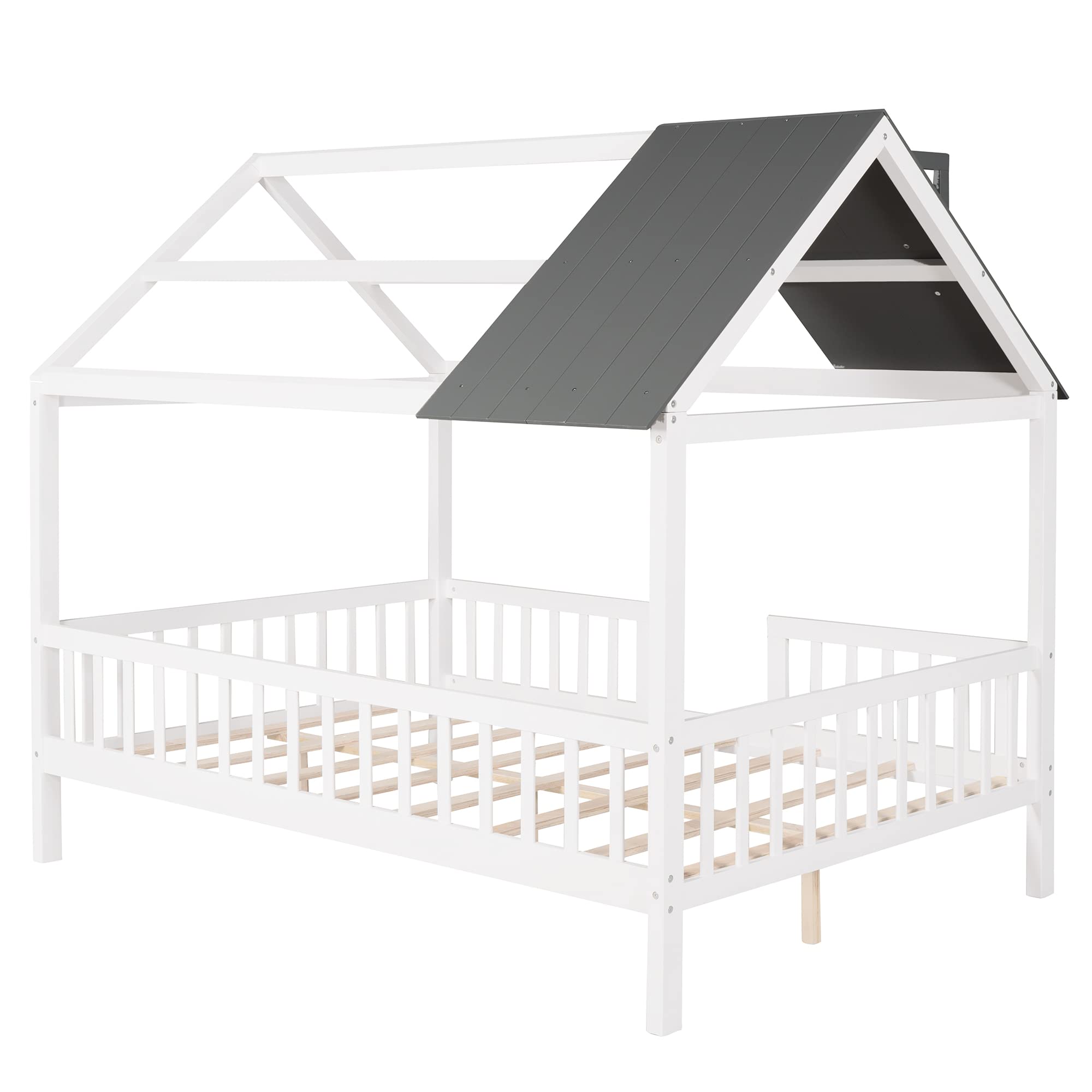Merax Full House Wooden Bed Frame for Kids - Sturdy House-Shaped Platform Bed with Roof Windows & Safety Rails, White & Grey - Perfect for Children's Bedroom, Playroom or Nursery Decor