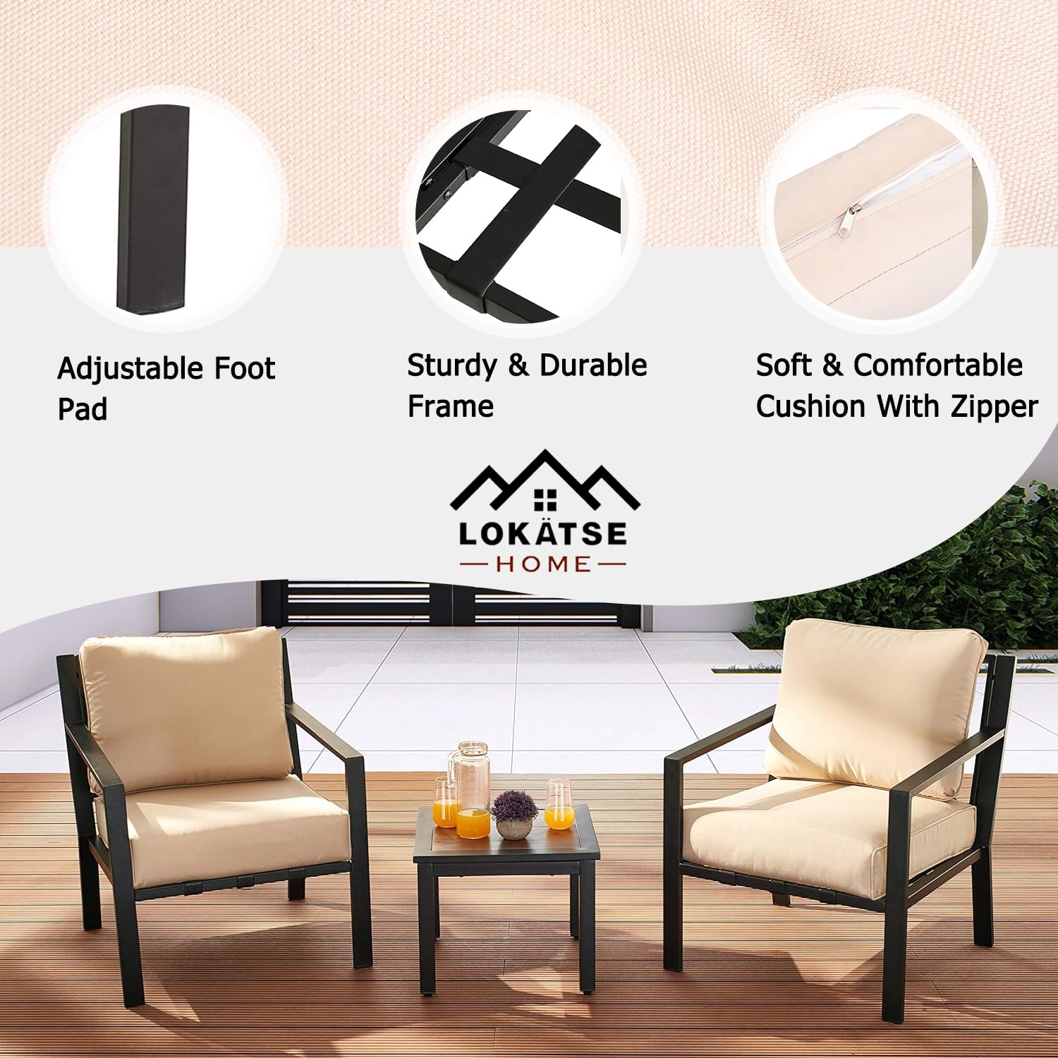 LOKATSE HOME 3-Piece Patio Bistro Set - Steel Outdoor Dining Set with Cushioned Chairs & Side Coffee Table - Beige Conversation Furniture for Garden, Balcony, Backyard & Poolside Relaxation