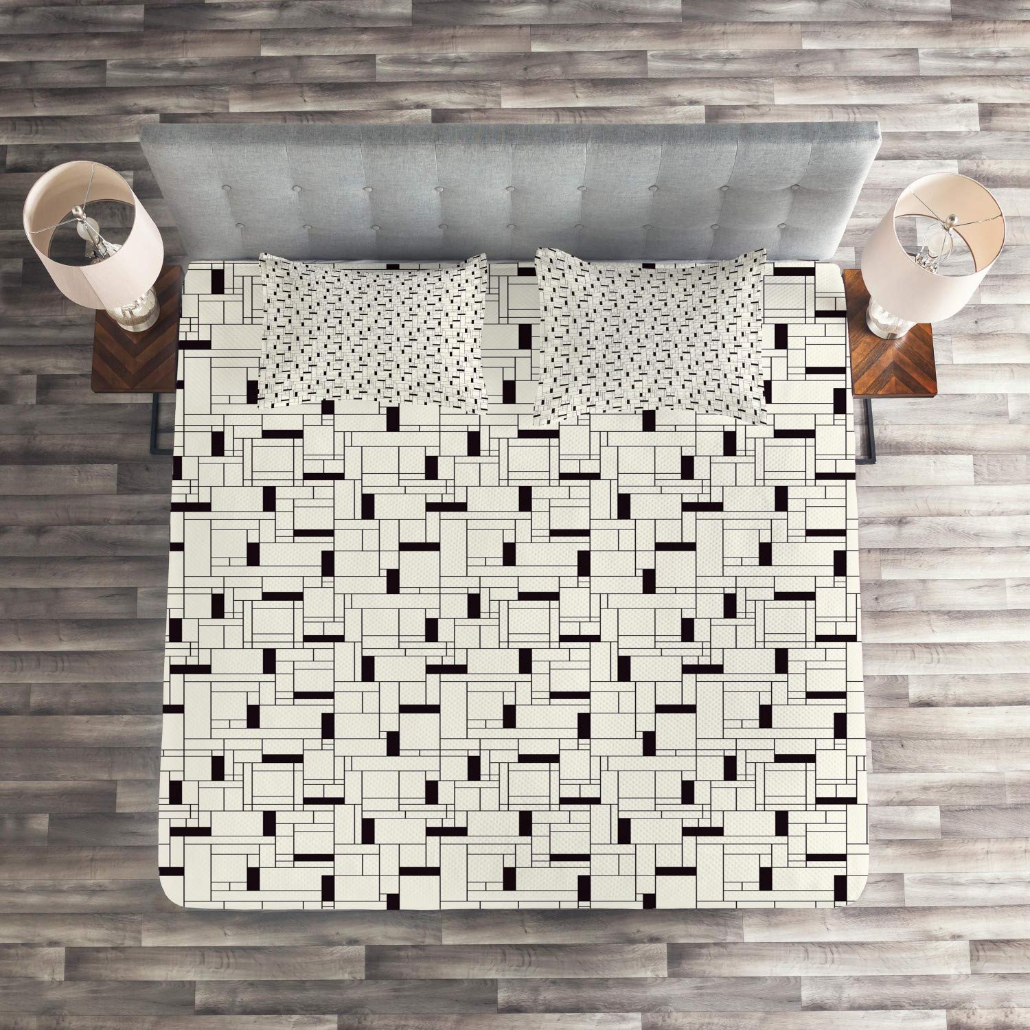 Ambesonne Geometric Quilt Set - Modern Grid Pattern with Rectangular Shapes, 3-Piece King Size Bedspread with 2 Pillow Shams in Ivory & Charcoal Grey | Contemporary Bedroom Decor for Master & Guest Rooms