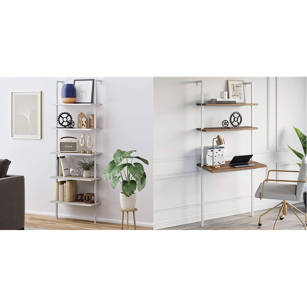 Nathan James Theo 5-Shelf Modern Bookcase & 2-Shelf Wall Mount Ladder Set - Gray Oak Wood/White - Rustic Industrial Style for Home Office, Living Room, Bedroom - Perfect for Books, Decor, Small Computer or Writing Desk