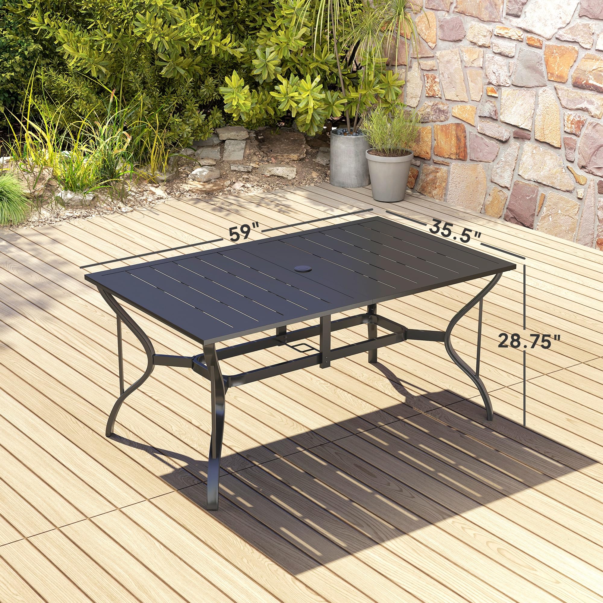 Outsunny 6-Person Outdoor Dining Table - Black Steel Rectangular Patio Table with Umbrella Hole - Durable Garden & Balcony Furniture for BBQ, Poolside Gatherings & Backyard Entertaining
