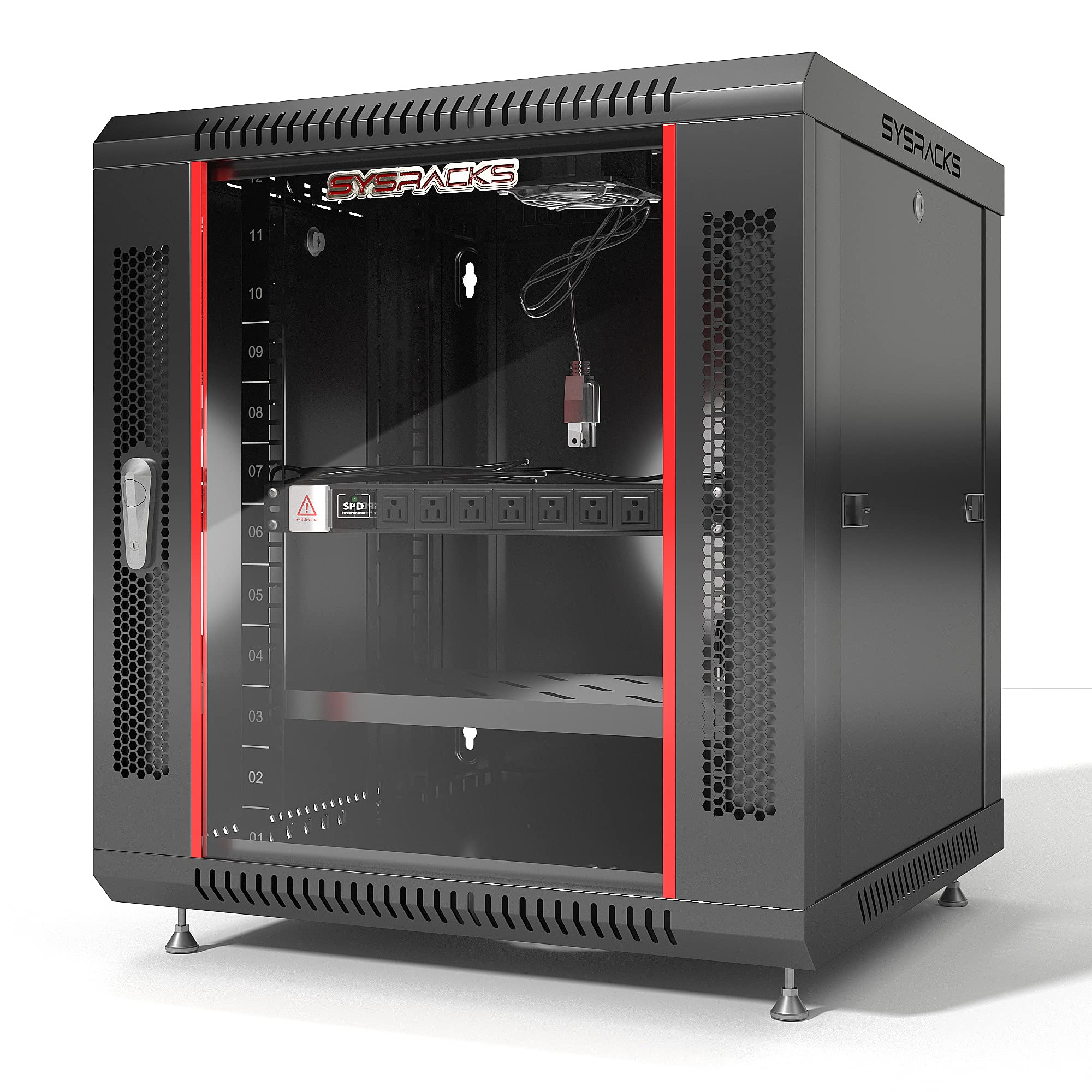 12U Wall Mount Server Rack Cabinet - Secure Network & AV Equipment Enclosure with Locking Doors, Adjustable Legs, Power Strip, Shelves & Cooling Fan - 24-Inch Depth (Black) - Ideal for Data Centers, Home Studios & Office Network Setups