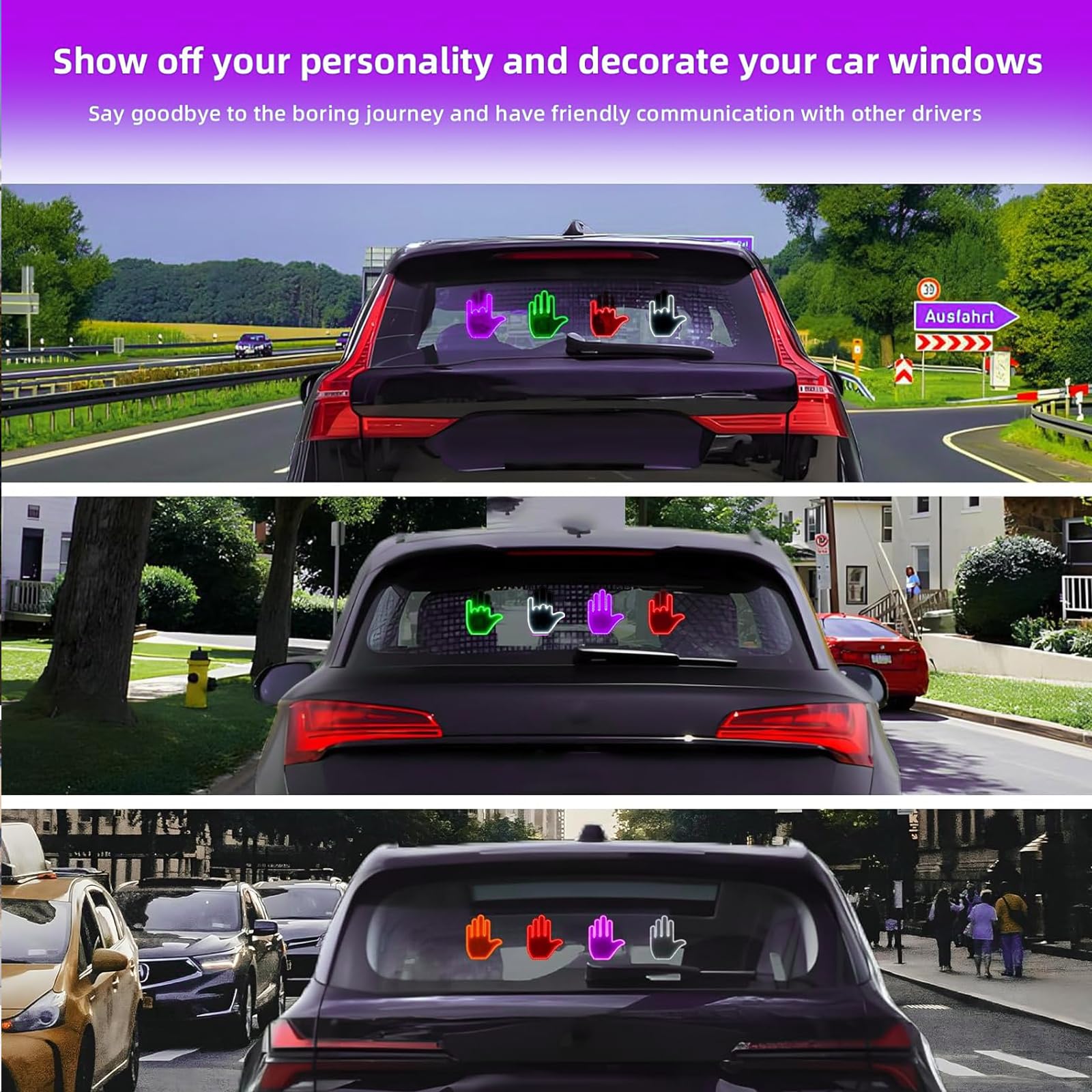 LED Hand Gesture Light for Cars - Glow in the Dark Window Sign, Cool Automotive Accessories for Men & Women (Pink/Purple) - Perfect for Night Driving, Road Trips, and Car Enthusiasts