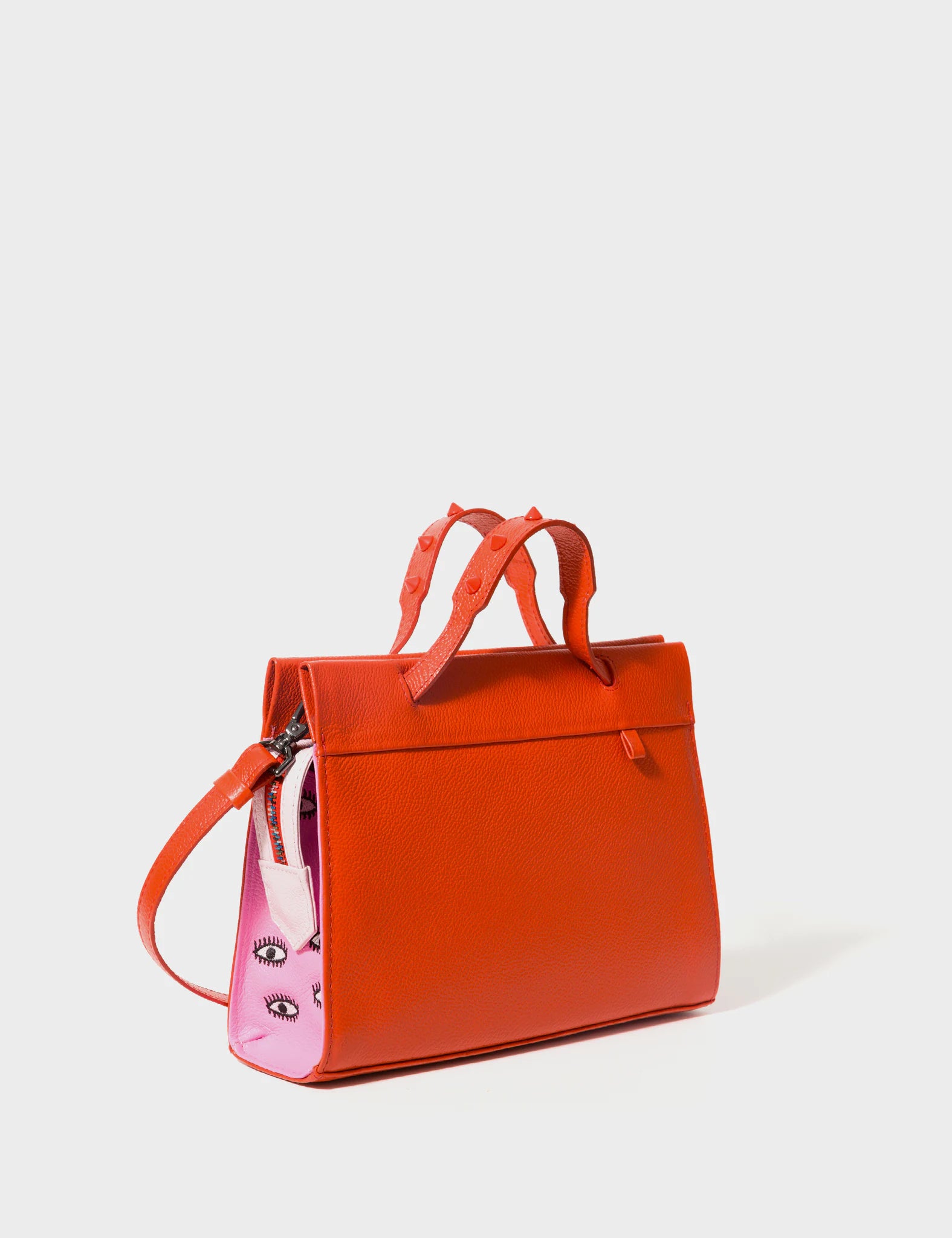 Vali Crossbody Small Leather Bag in Fiesta Red & Bubblegum Pink with All Over Eyes Embroidery - Perfect for Women's Casual Outings, Parties & Travel Accessories