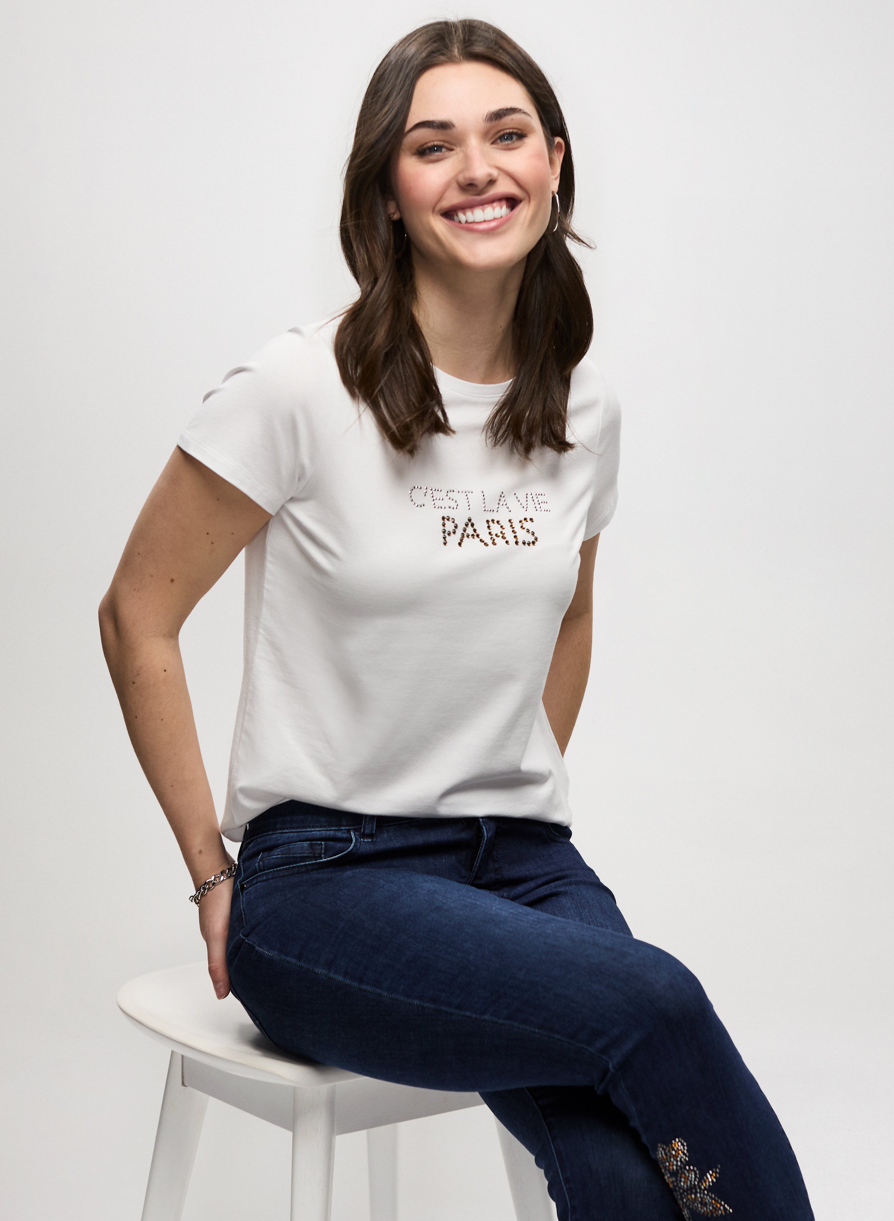 Trendy Embellished Slogan T-Shirt for Women - Fashion Graphic Tee with Rhinestone & Lettering - Perfect for Casual Outfits, Parties & Streetwear Looks
